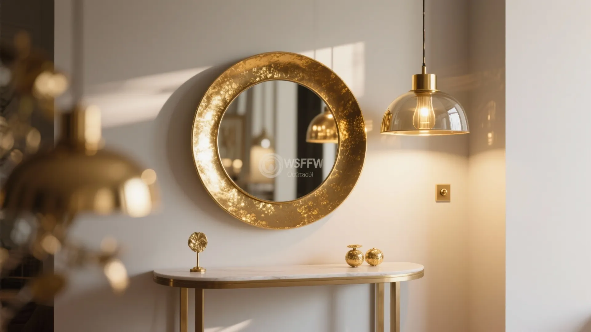 Round gold mirror on wall above marble console table with glass light fixture and ornaments