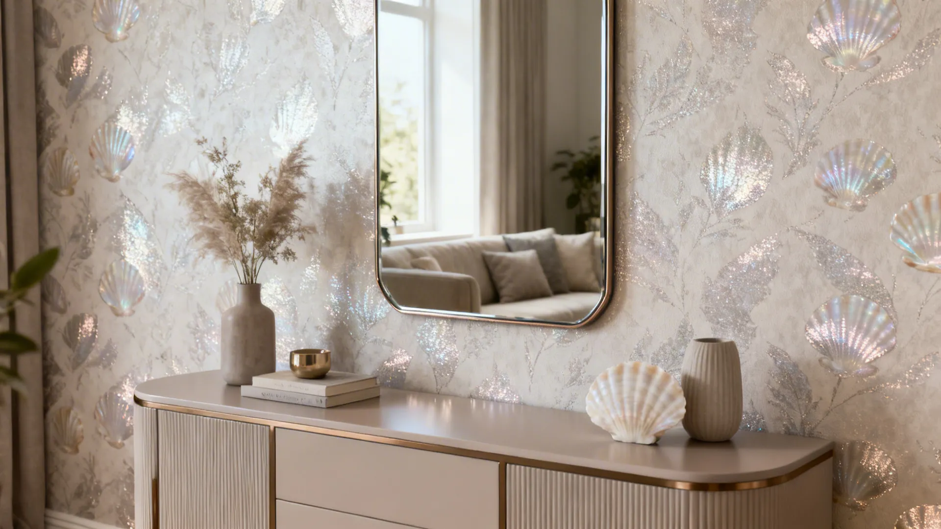 Slim console mirror reflecting light off a subtle pearlescent metallic-accent wallpaper