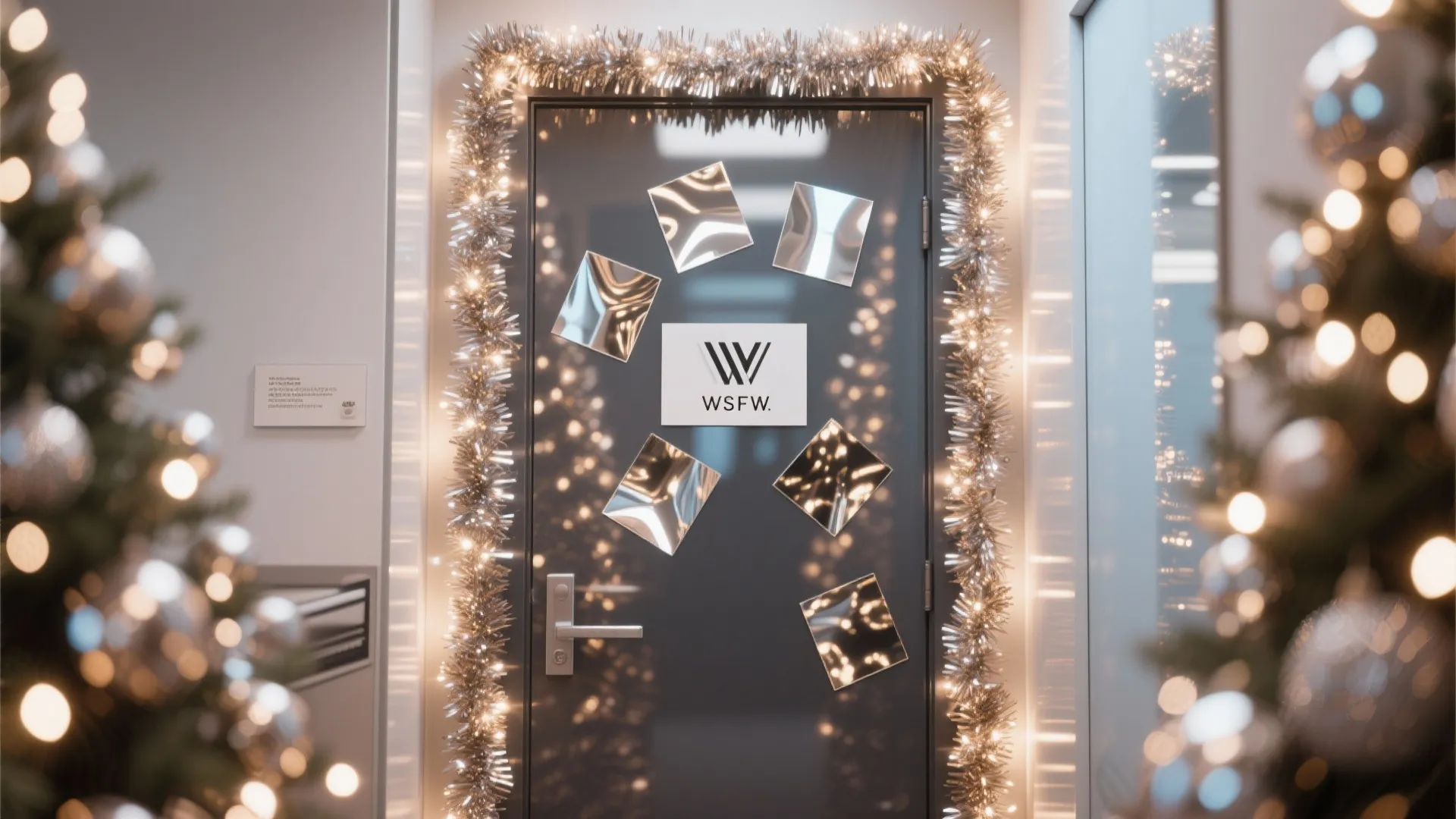 Office door decorated with metallic garlands and mirror stickers