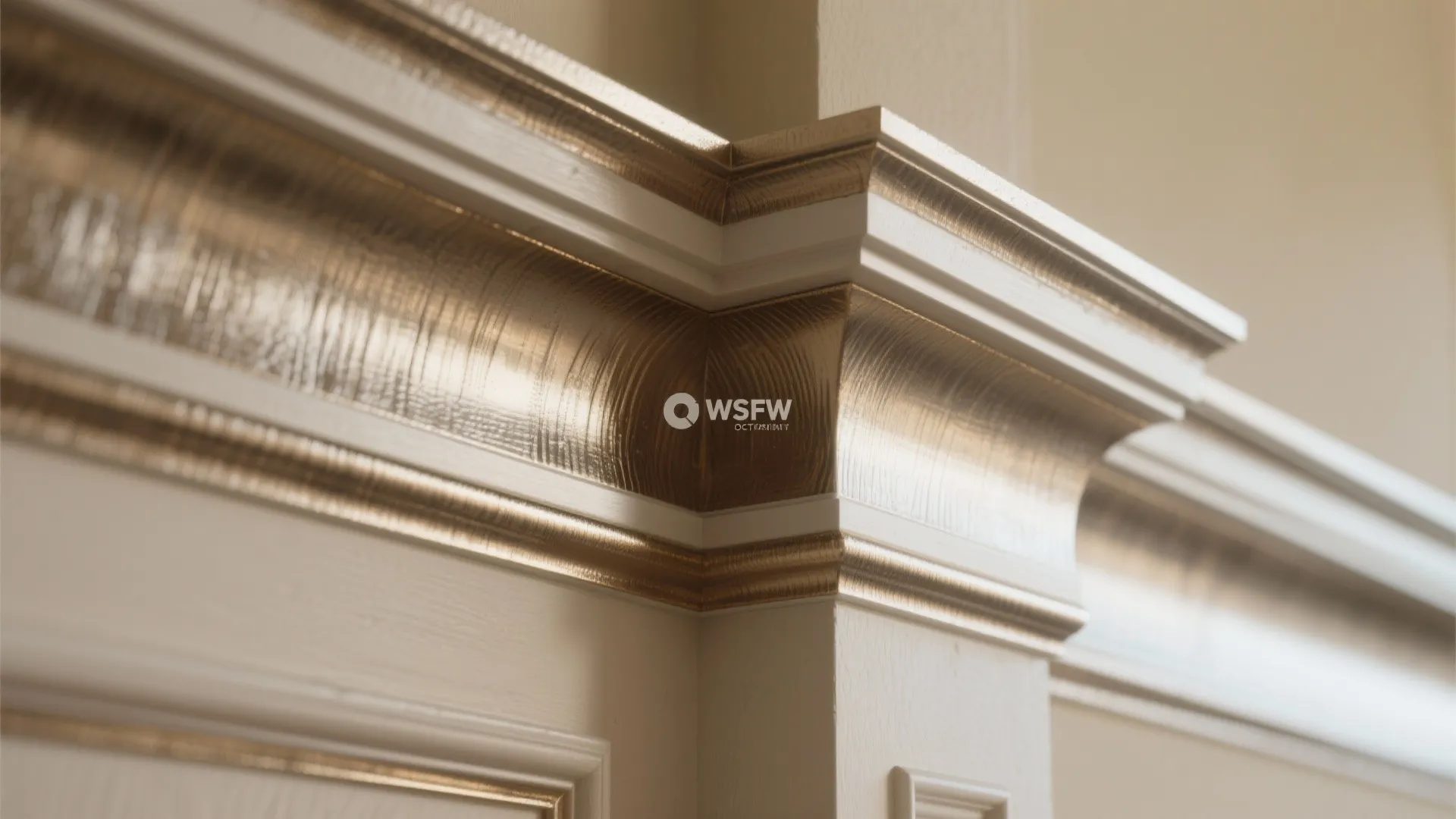 Macro view of crown molding with a subtle metallic glaze reflecting soft daylight, showing fine brush textures.