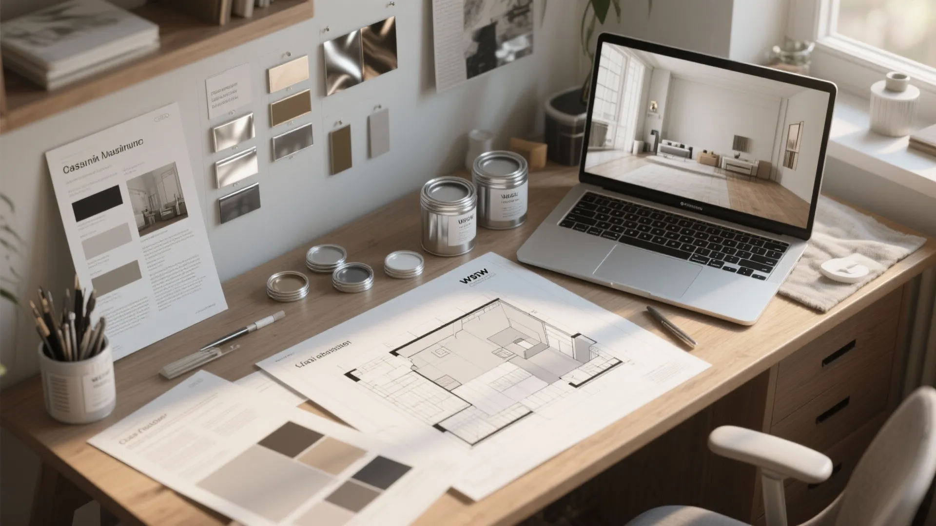 Interior design mood board on desk with laptop showing room layout and metallic material samples