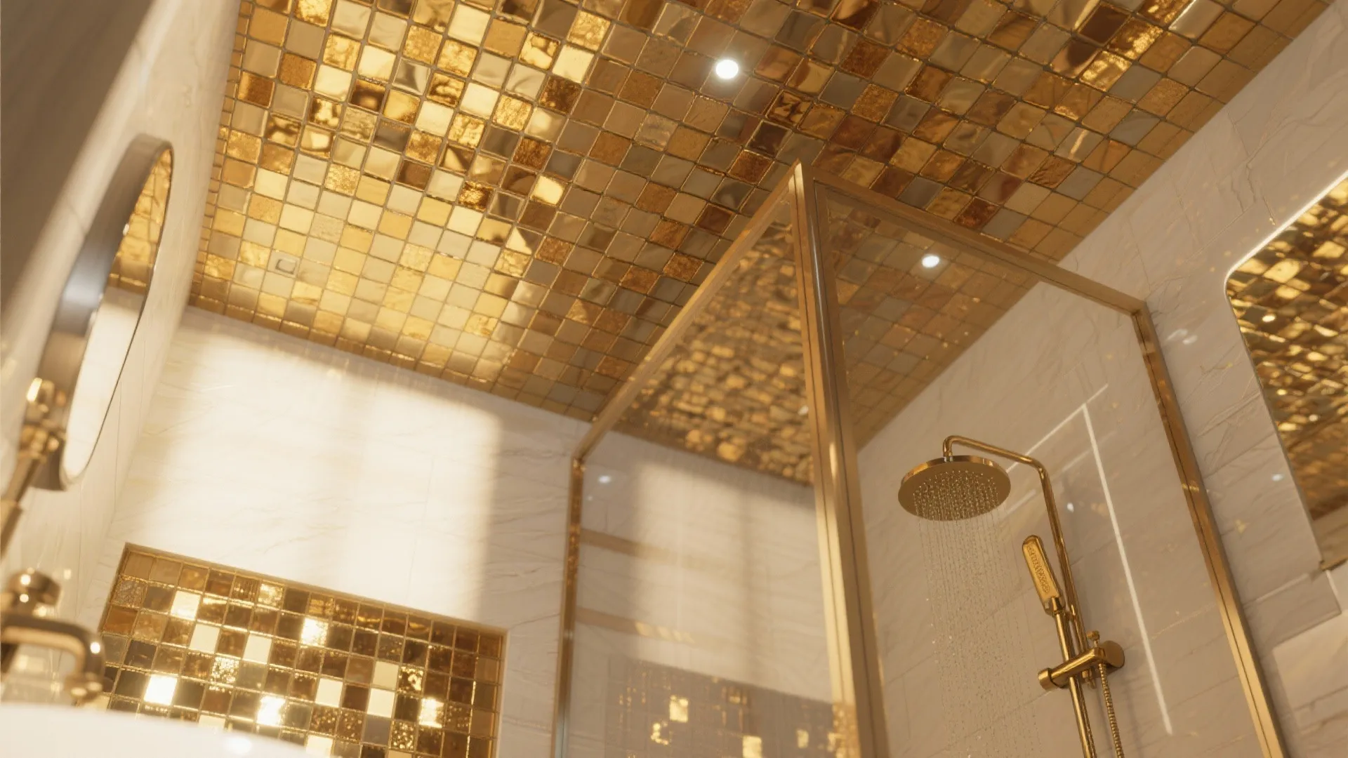 Modern luxury bathroom design with gold mosaic ceiling tiles glass shower door and gold hardware