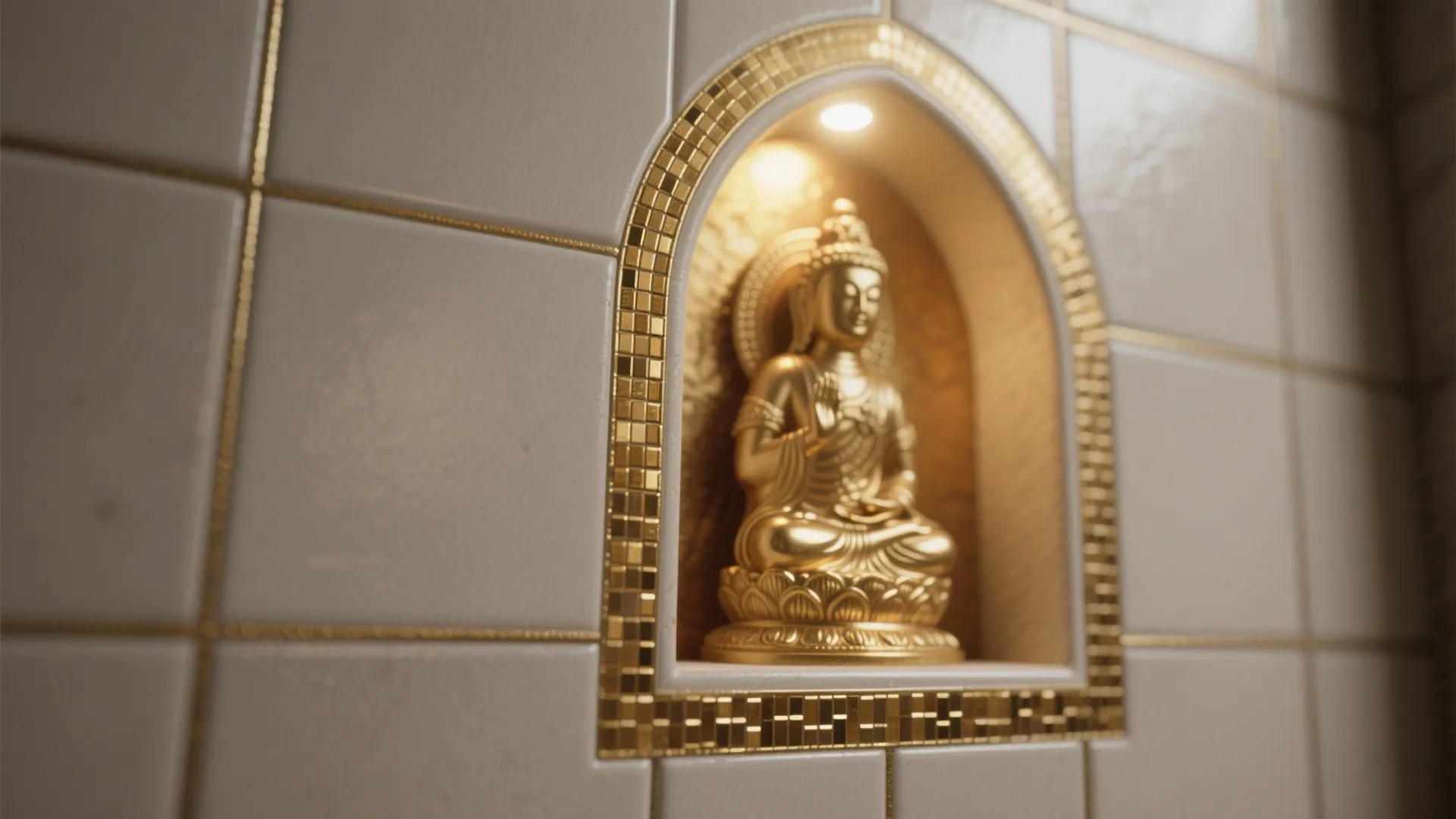 Macro of antique gold micro-mosaic border beside matte porcelain around a pooja niche.