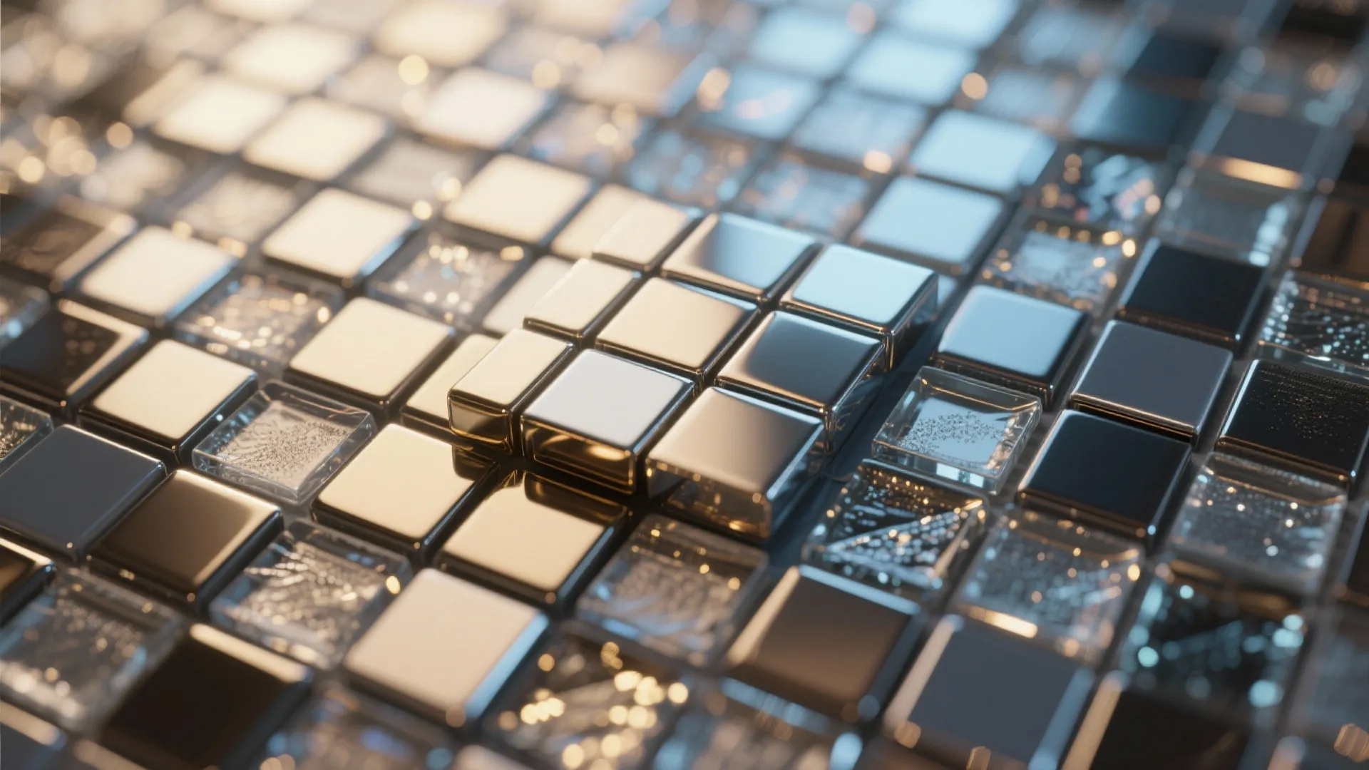 Close up view of shiny gold and silver square wall tiles with a reflective metallic finish