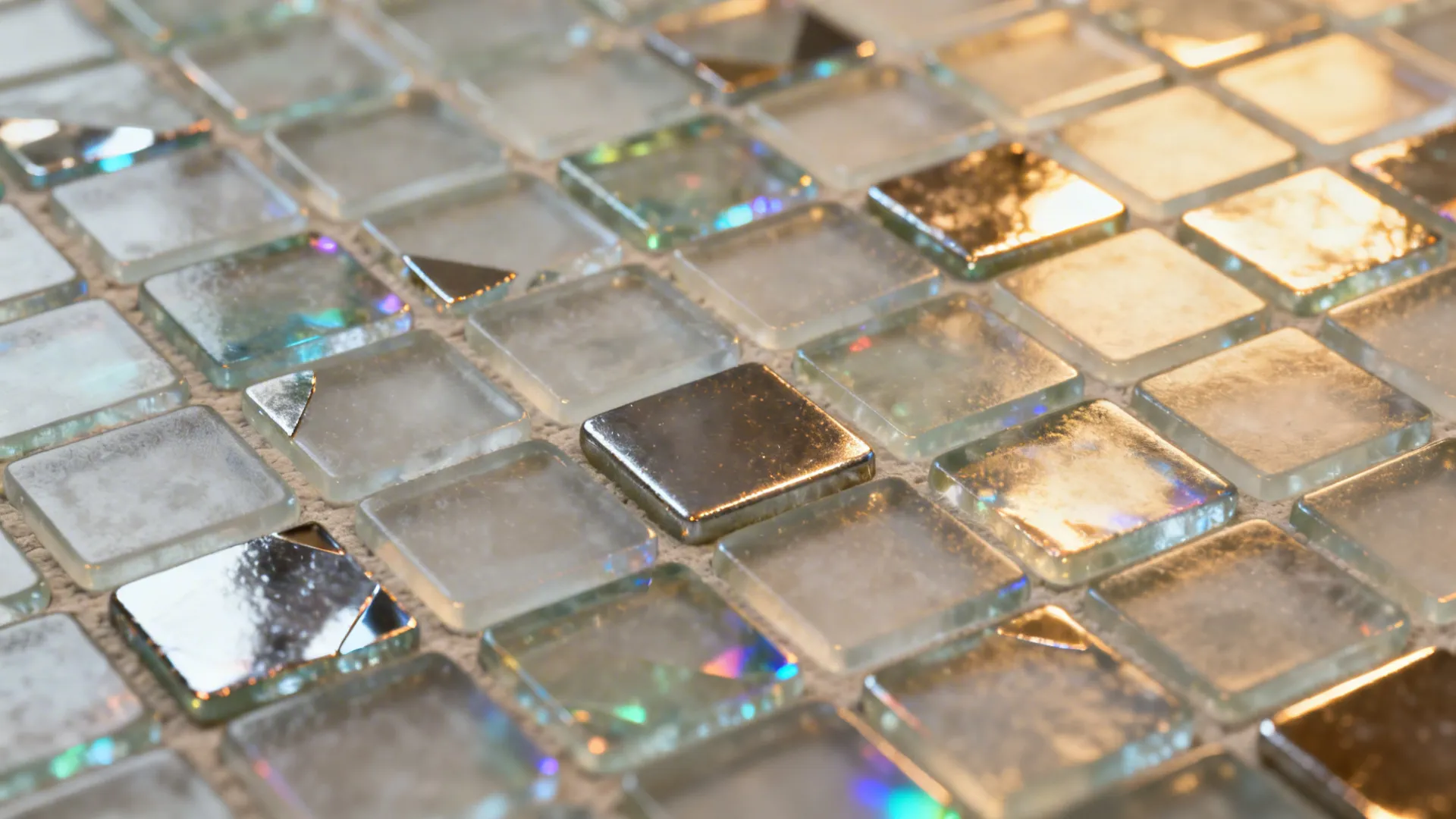 Macro of mixed glass mosaic with metallic and mirrored accent chips and clean grout.