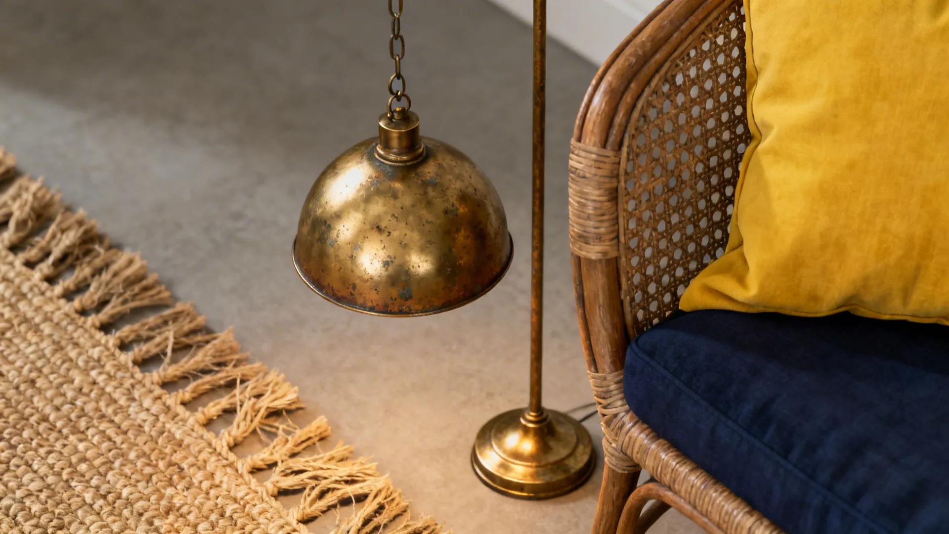 Detail of brass lighting and rattan chair with yellow cushion and navy upholstery