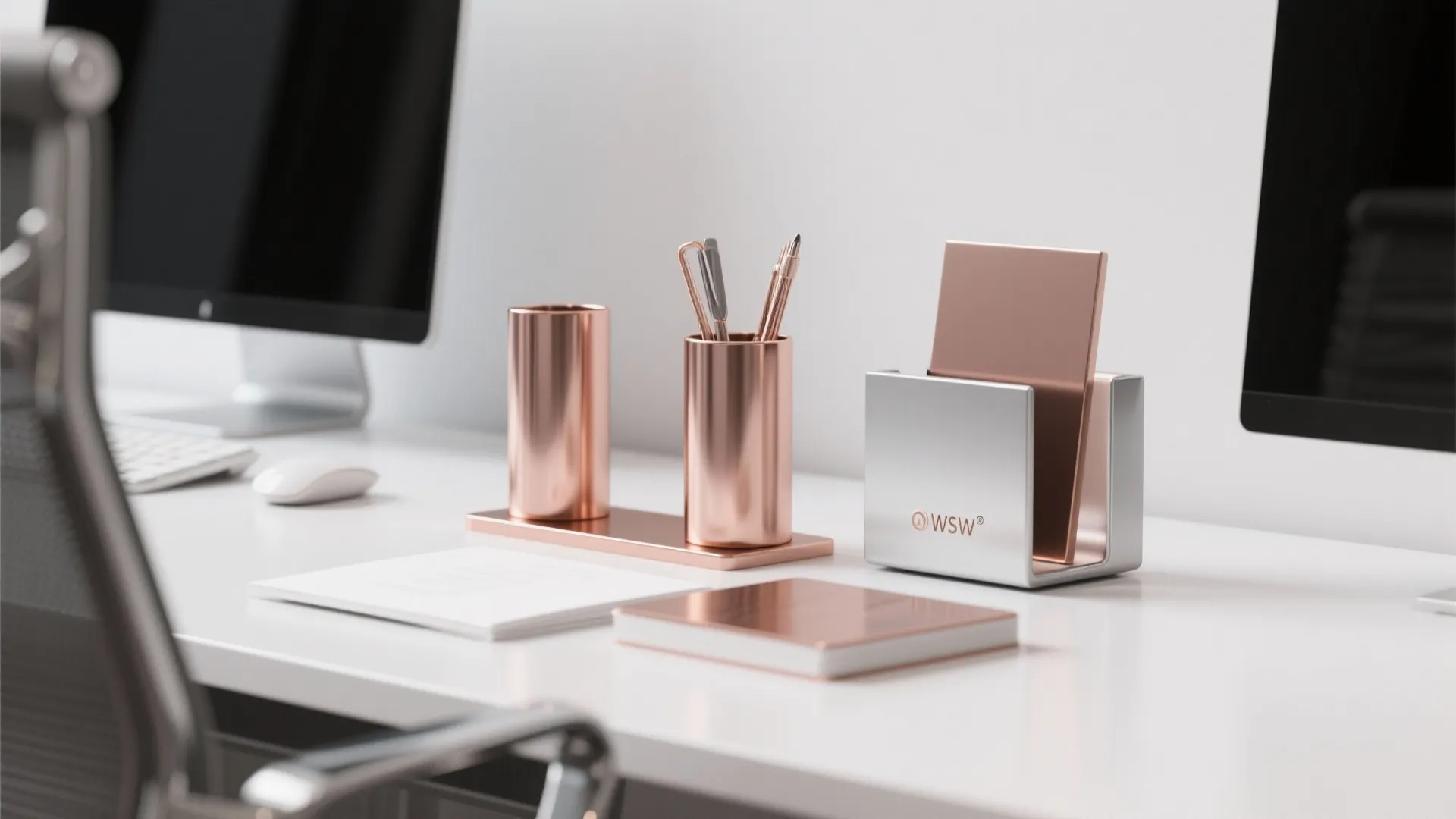 Modern white office desk with copper pen holder, silver card holder, mouse, and computer monitor