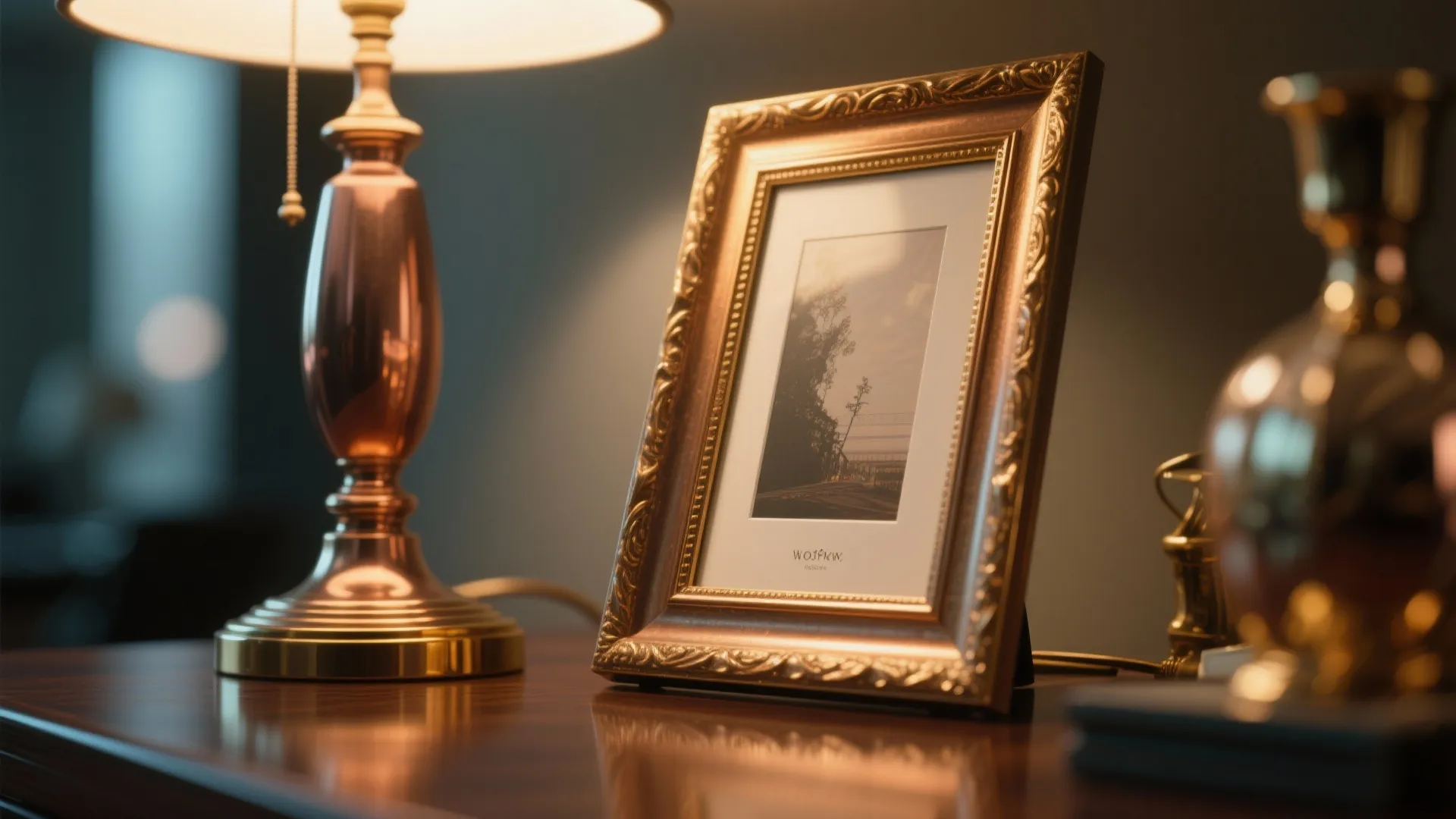 Elegant desk setup with golden picture frame metallic table lamp and decorative vase on wood
