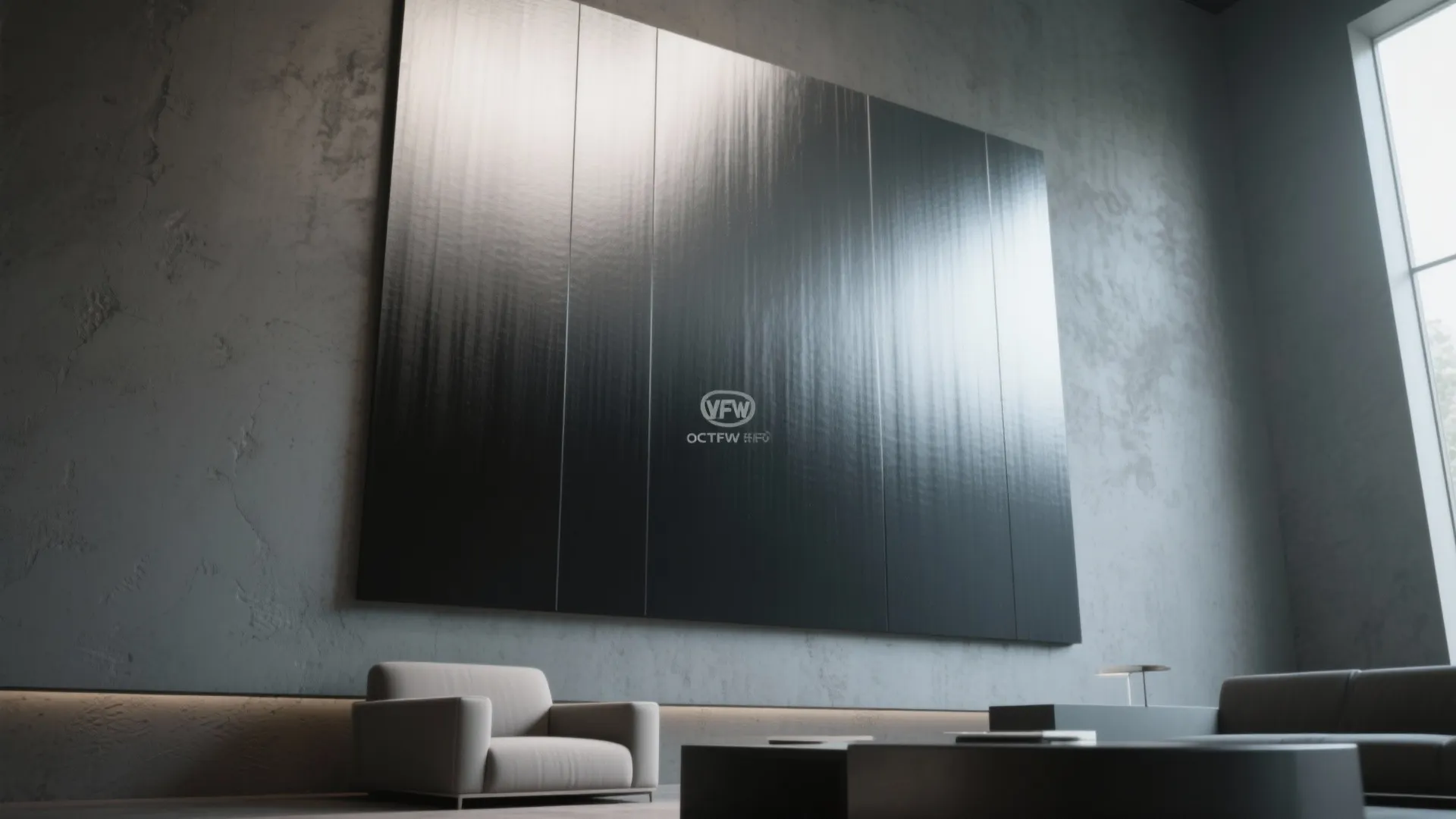 Interior wall with a vertical ombre from deep gray to metallic silver creating depth and vertical motion.