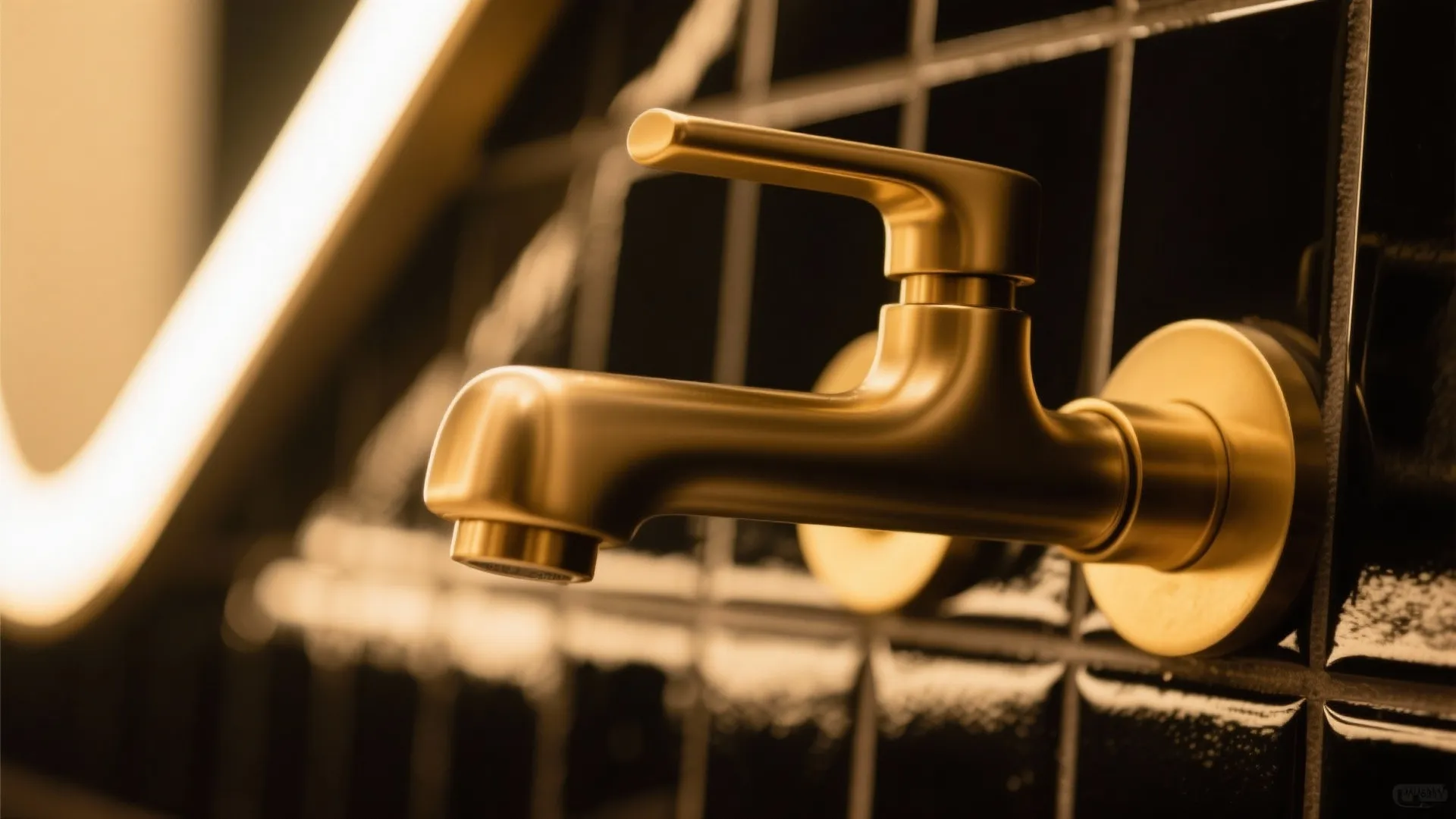 Close up of a gold water tap mounted on black square wall tiles in bathroom