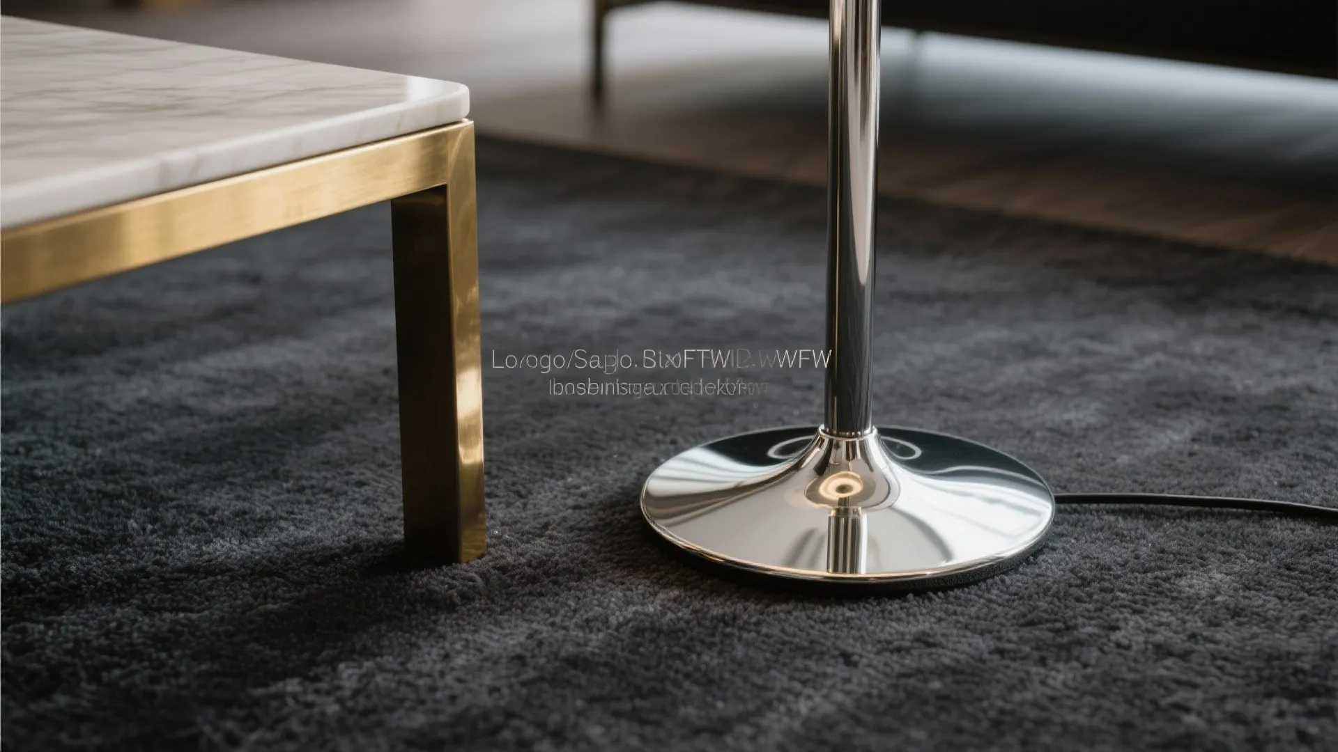 Metallic light fixture base on dark grey soft carpet next to white marble coffee table