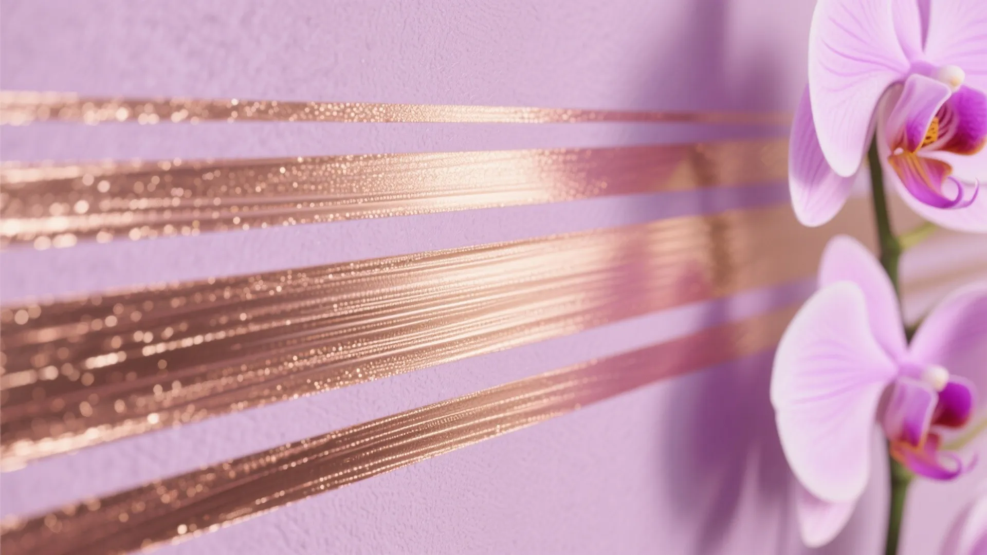 Close up of pink orchid flowers against purple wall with horizontal metallic rose gold stripe detail