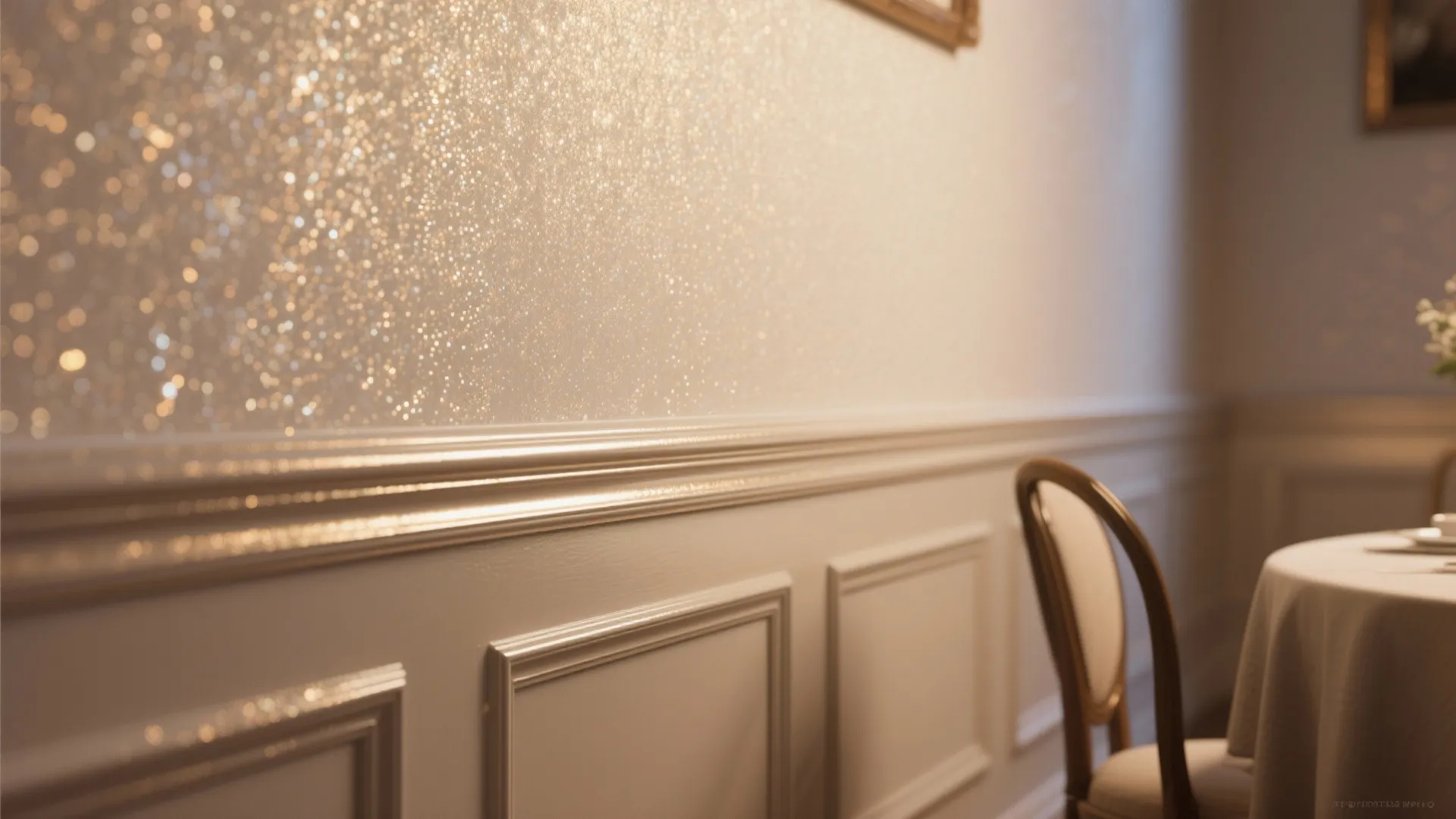 Close up of a shiny glitter wall with white wall panel and a dining room chair