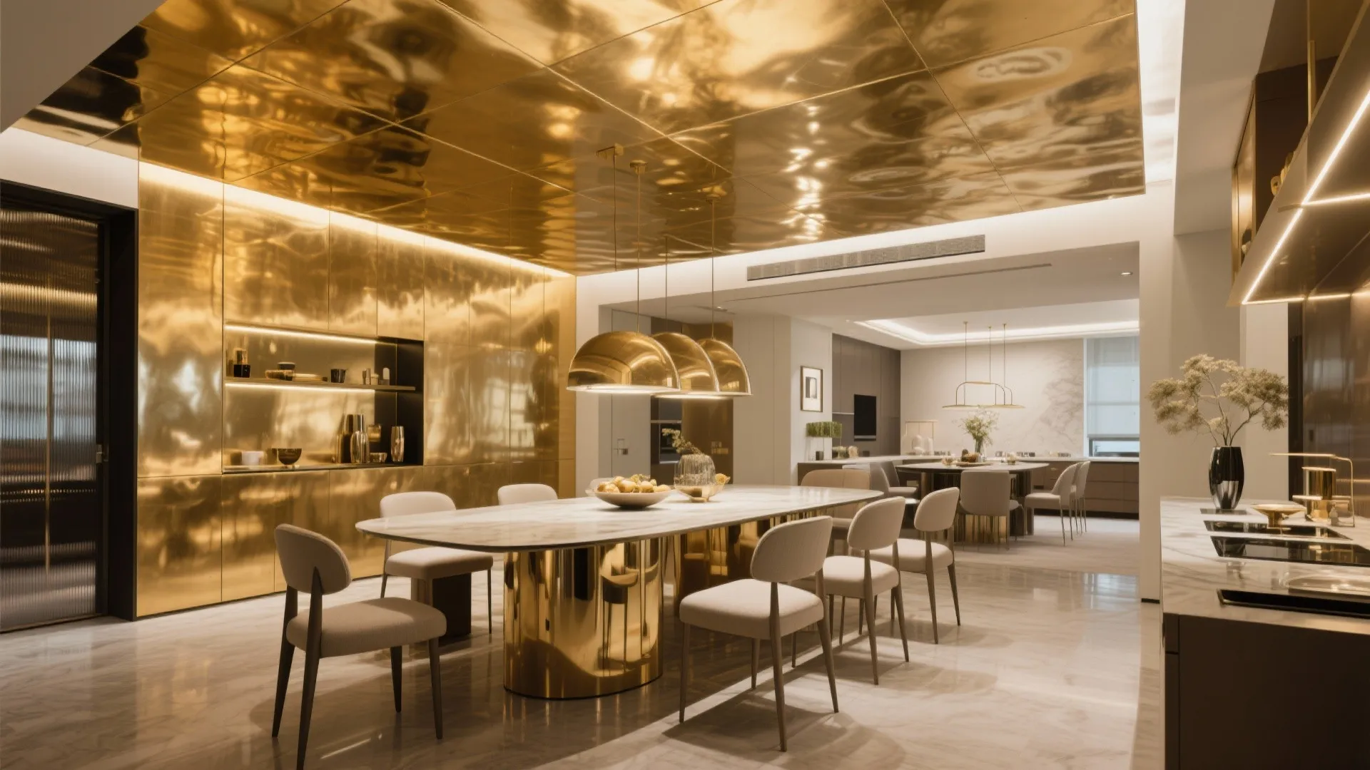 Modern dining room with gold ceiling panels marble table and hanging gold colored light fixtures