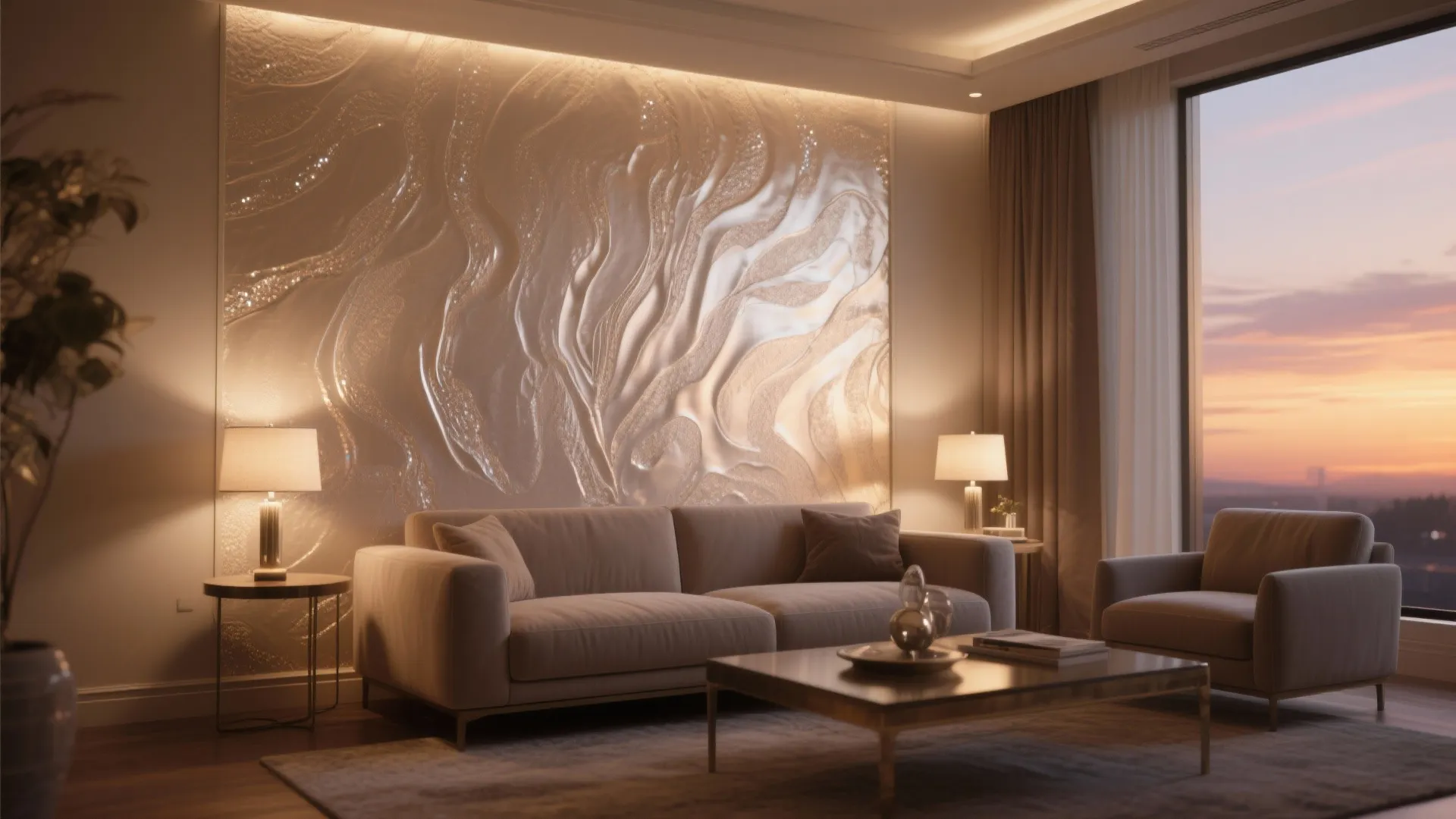Modern living room with sofa lamps and textured wall panel showing a warm sunset view