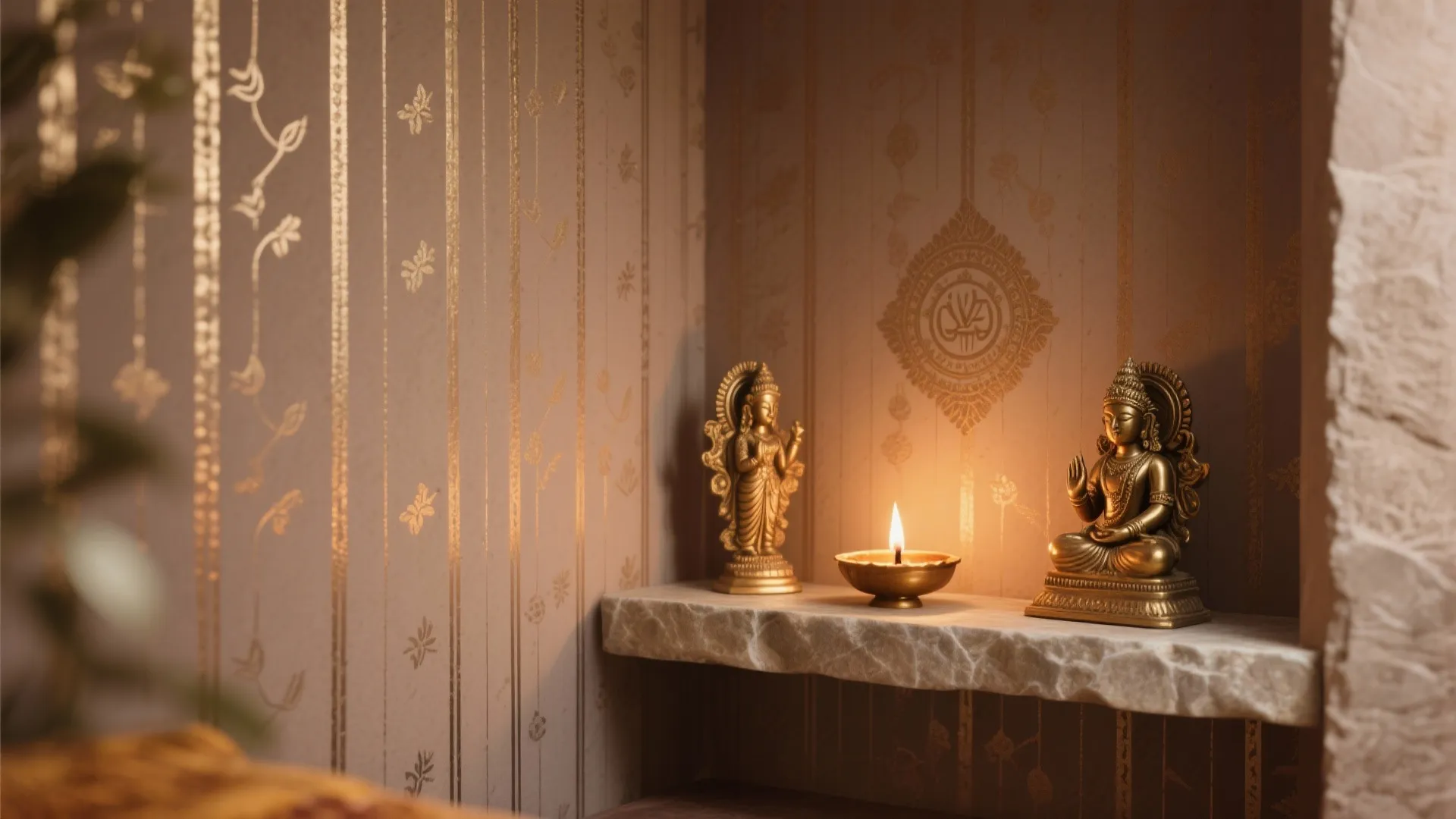Two gold statues on stone shelf with metallic pinstripe wallpaper and a lit oil lamp
