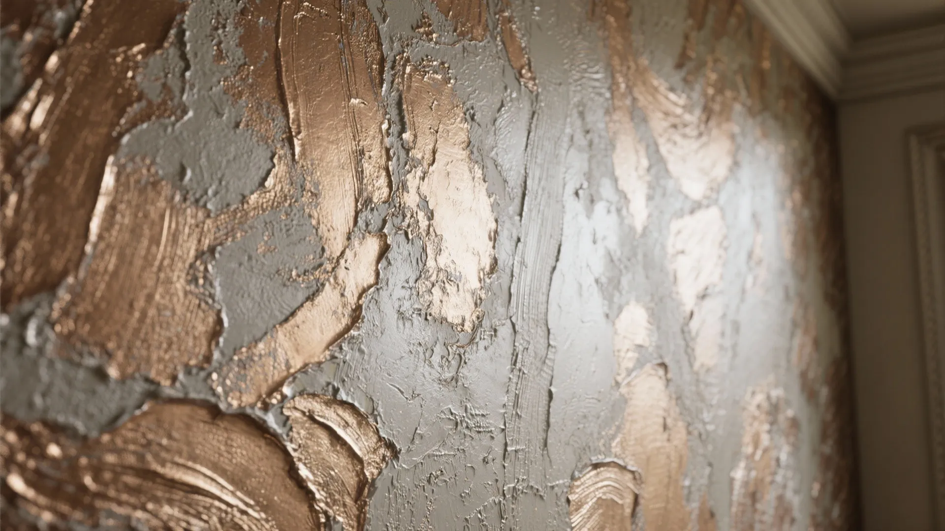 Close-up of textured metallic plaster showing trowel marks and pearlescent sheen that hides wall flaws.