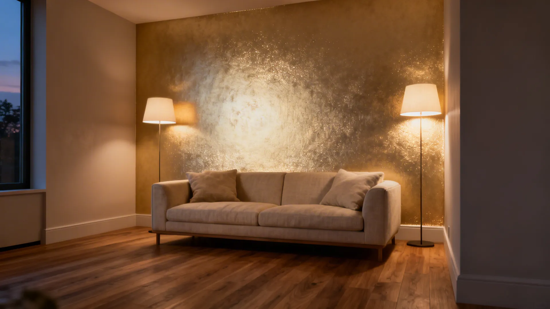 Champagne metallic plaster accent wall behind a sofa glowing under warm evening lamps.