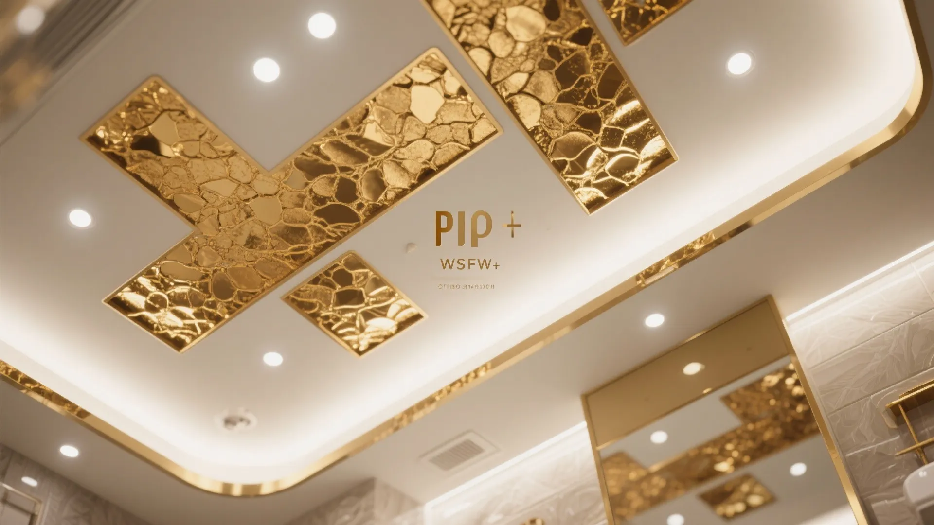 Luxury white ceiling with golden metallic patterns integrated small light bulbs and a large mirror