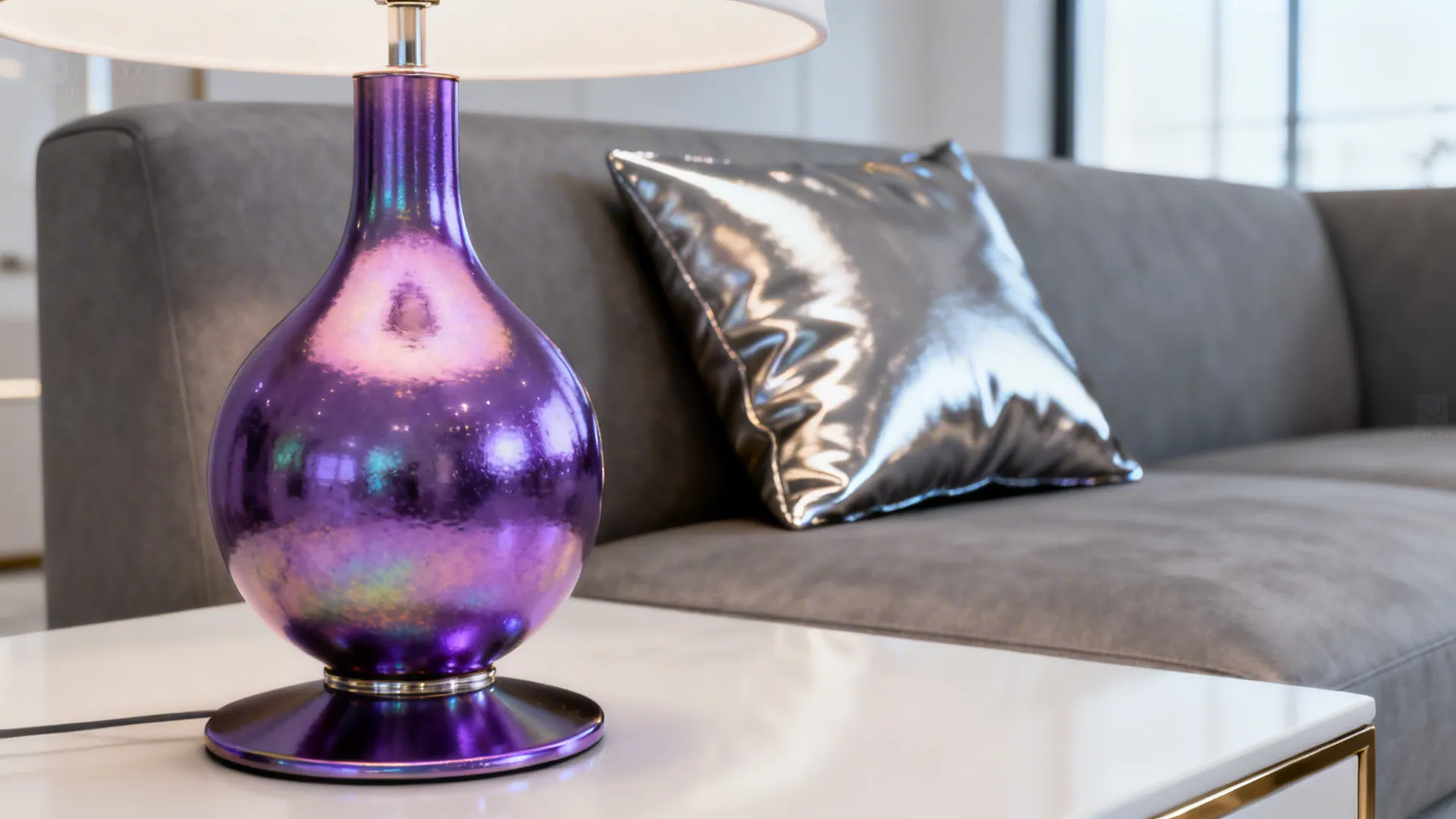 Metallic purple lamp and cushion detail paired with grey matte sofa.