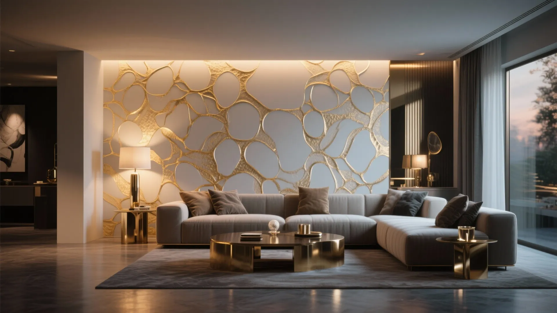 Luxury living room featuring gold pattern wall grey sofa gold coffee table and warm lighting
