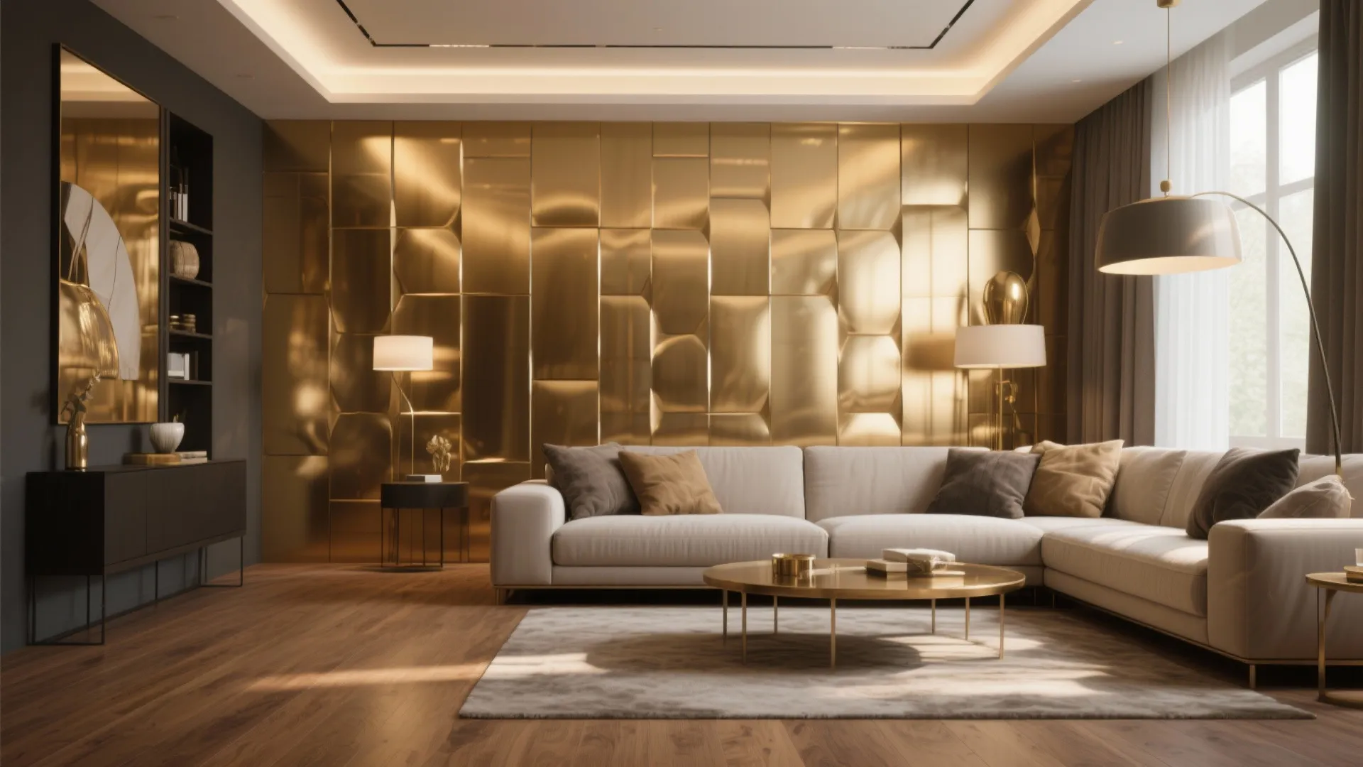 Modern living room with gold wall panel, cream sofa, round coffee table, and floor lamp