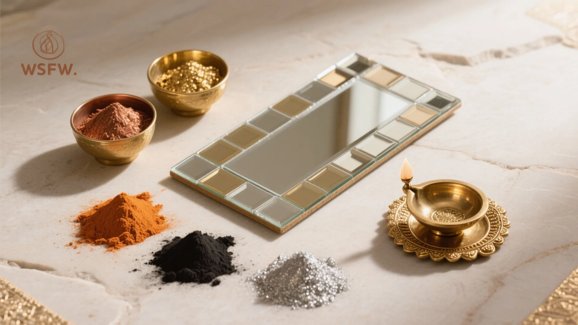 Decorative gold mirror tray surrounded by colorful powder piles and a traditional brass oil lamp