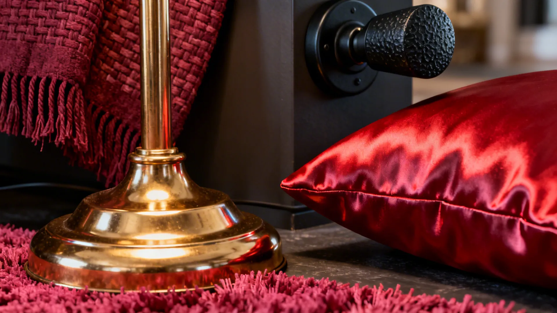 Brass lamp and matte black sconce beside scarlet cushions and maroon throw.