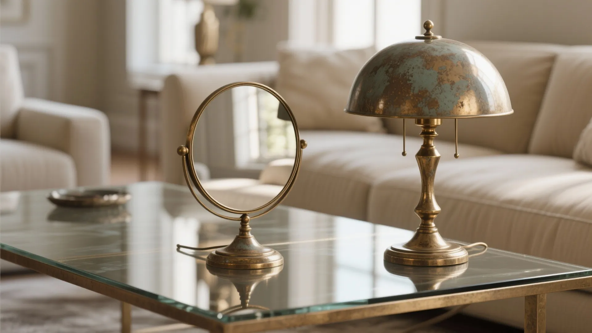 Vintage table lamp and small round mirror on a glass coffee table in living room