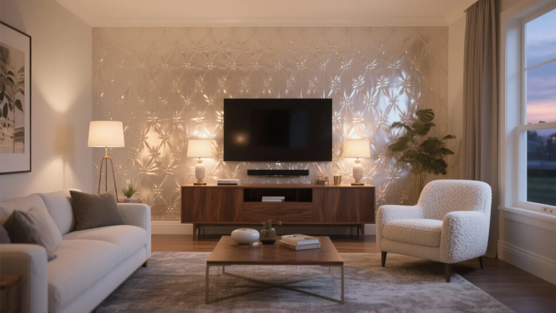 Modern living room with metallic wall design plus wooden cabinet and white sofa near window