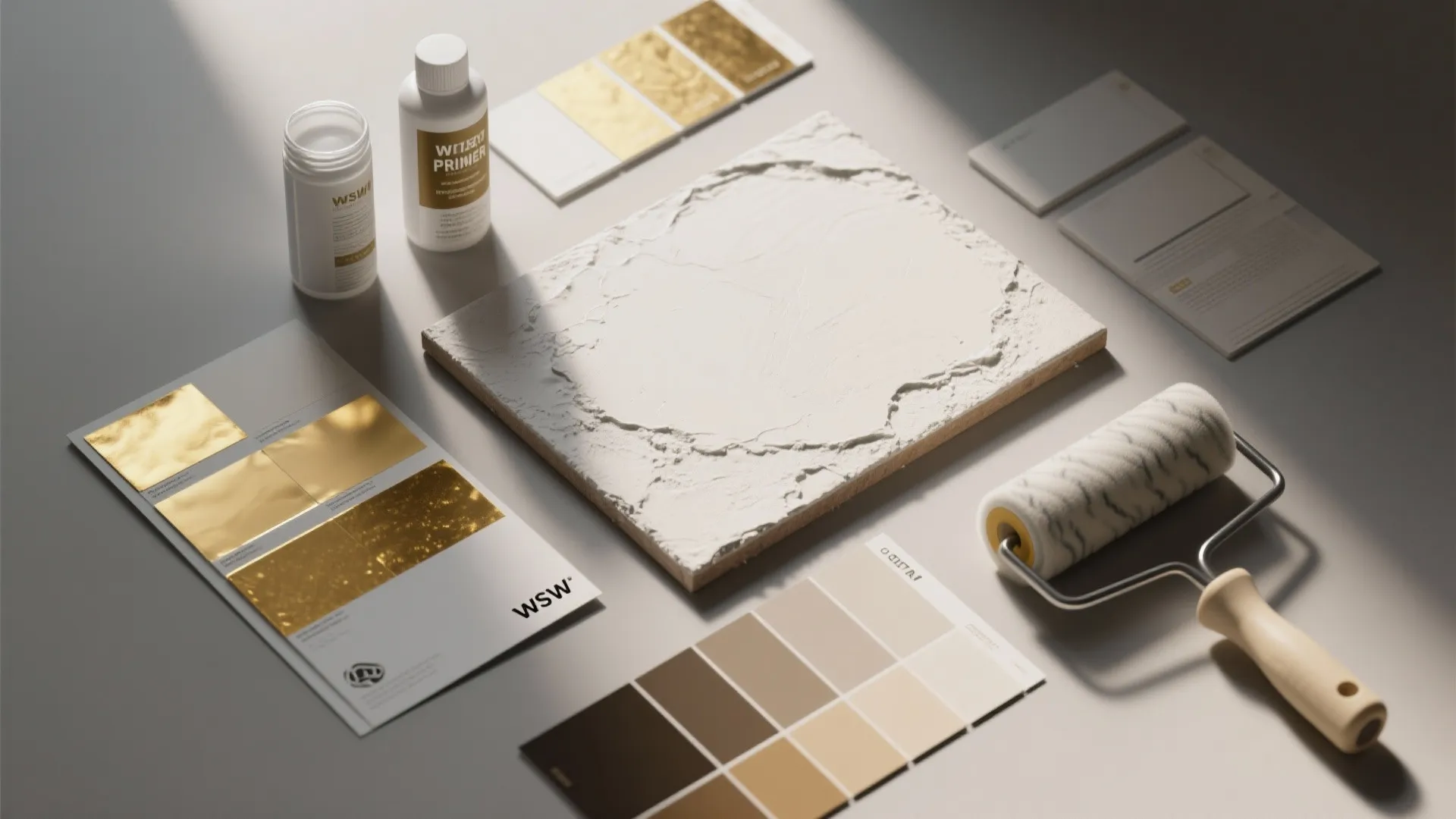 Top-down flatlay of metallic paint samples, primer, tools and color chips for testing finishes.