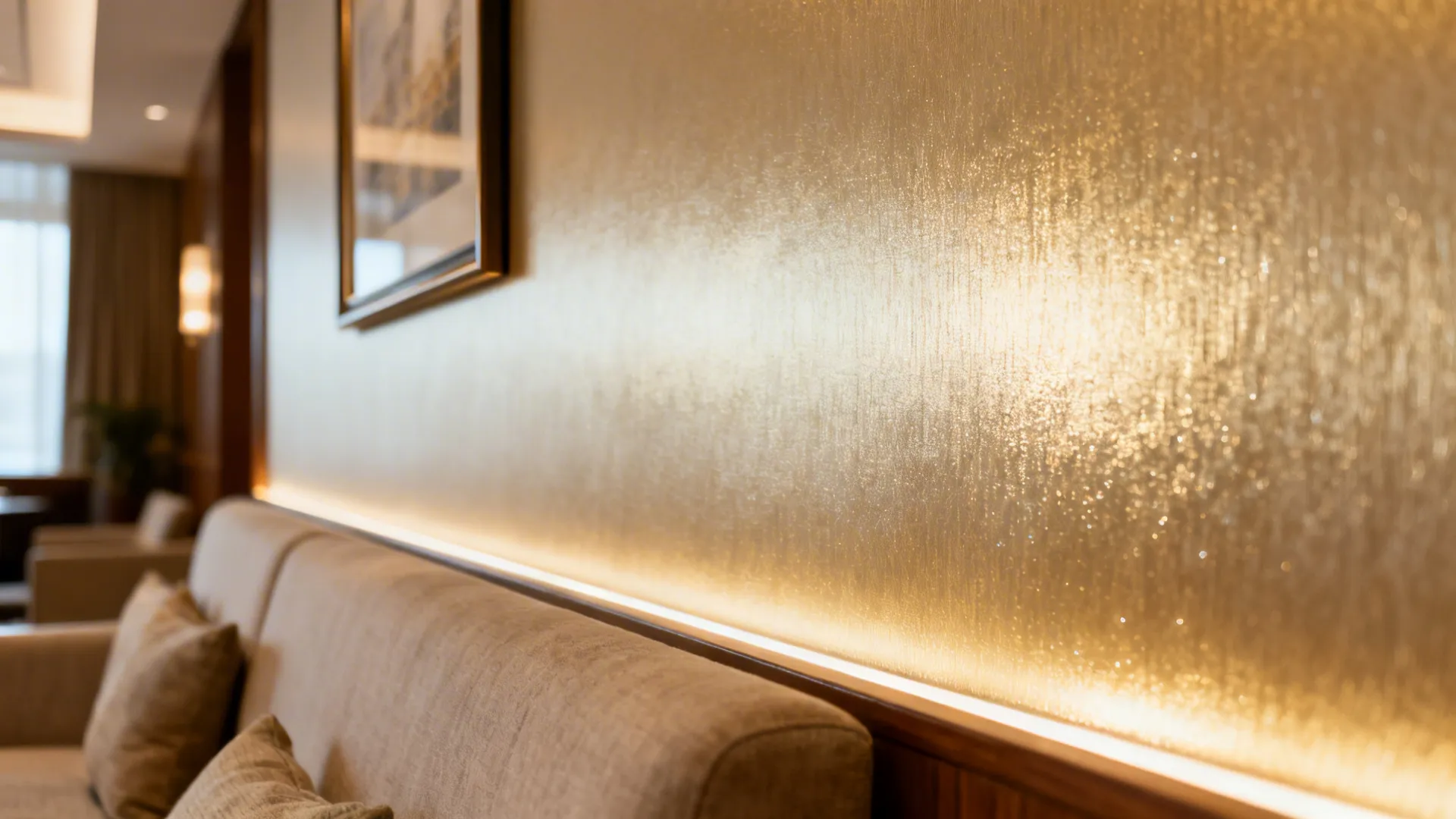 Shimmering gold wallpaper behind a sofa with warm light fixture glowing along the wall edge