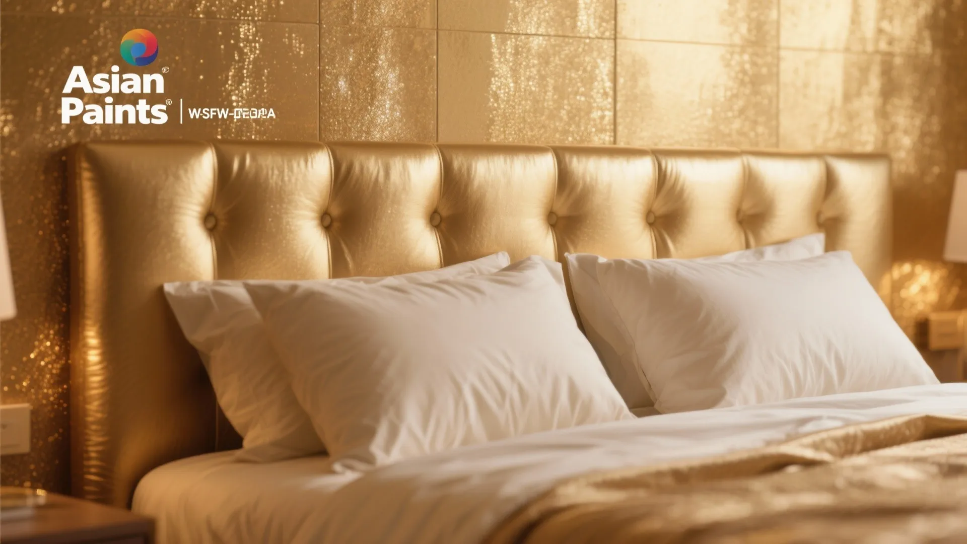 Bedroom with white pillows, golden tufted headboard, and shimmering gold textured paint on the wall