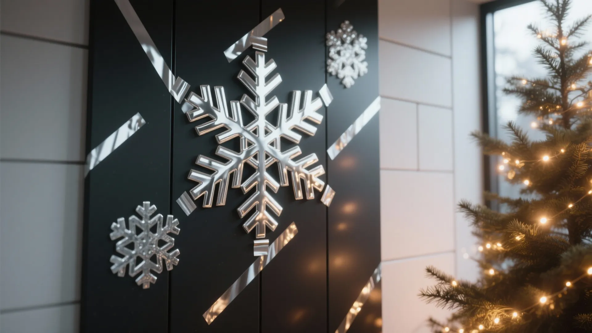 Large silver snowflake decoration on dark wall next to a christmas tree with warm lights