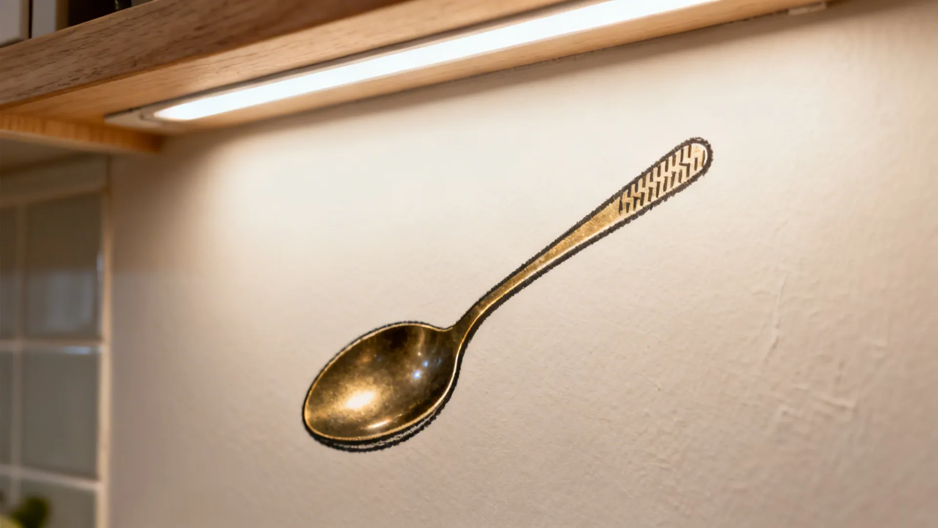 Macro of a thin metallic spoon line on a wall reflecting under-cabinet light.