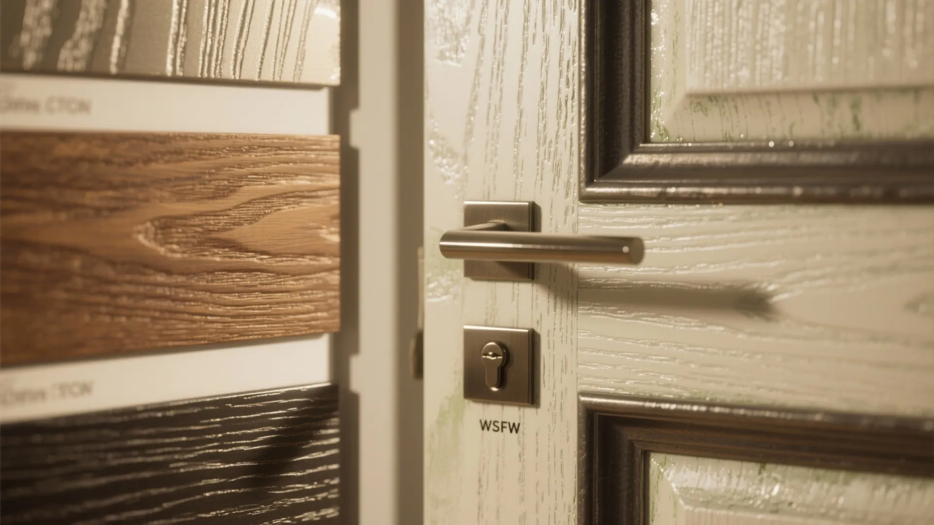 Macro detail of metallic paint, wood stain and textured door finishes showing sheen and brush strokes.