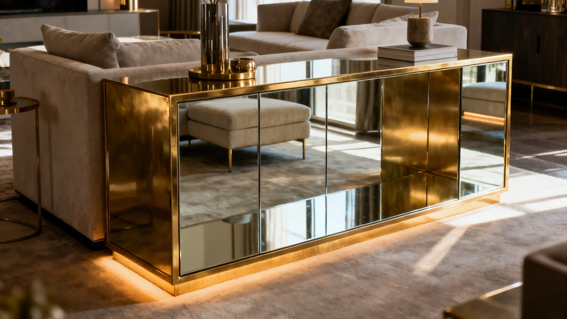 Living room centered on a gold-edged mirrored console as the statement focal point.