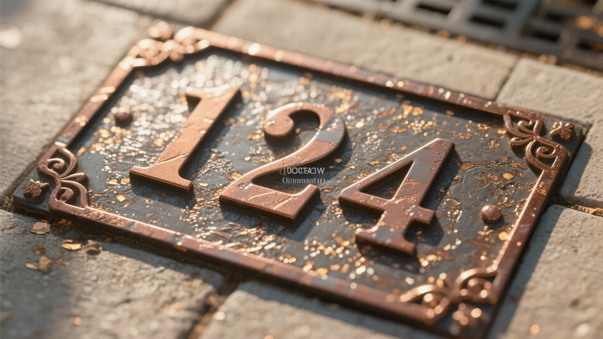 Close-up of stenciled curb number with bronze metallic paint and clear protective coat.