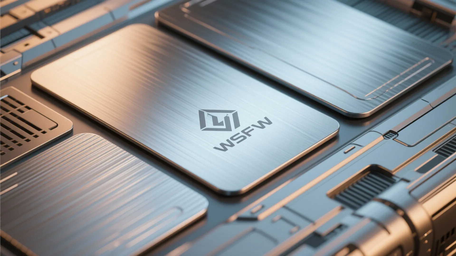 Close up of smooth brushed metal panels with logo for modern interior wall design texture