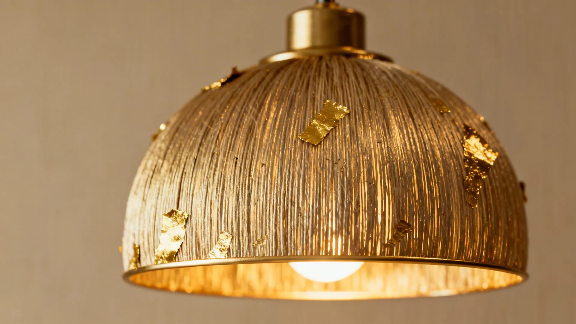 Close-up of metallic-threaded wallpaper under warm pendant light showing gold accents.