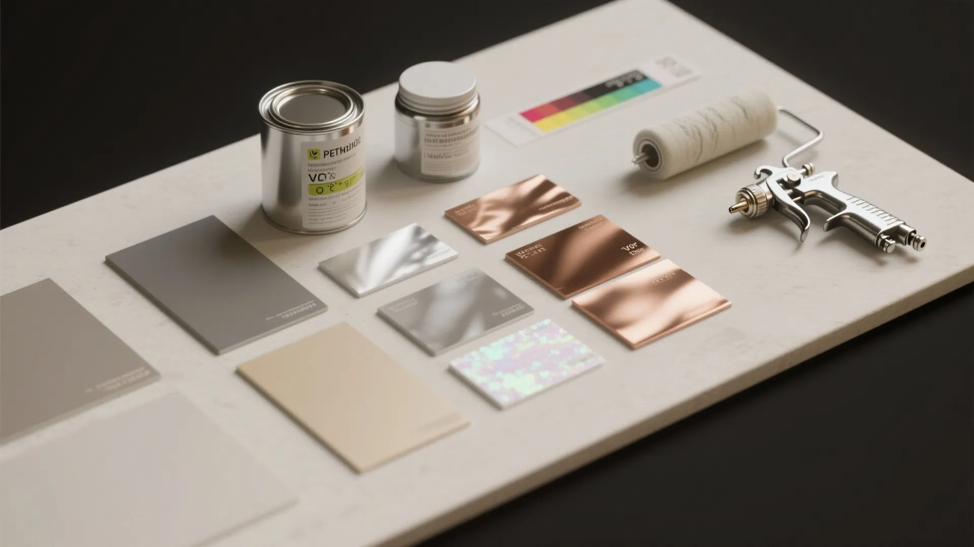 Collection of metallic paint samples and cans with a roller and a professional spray tool