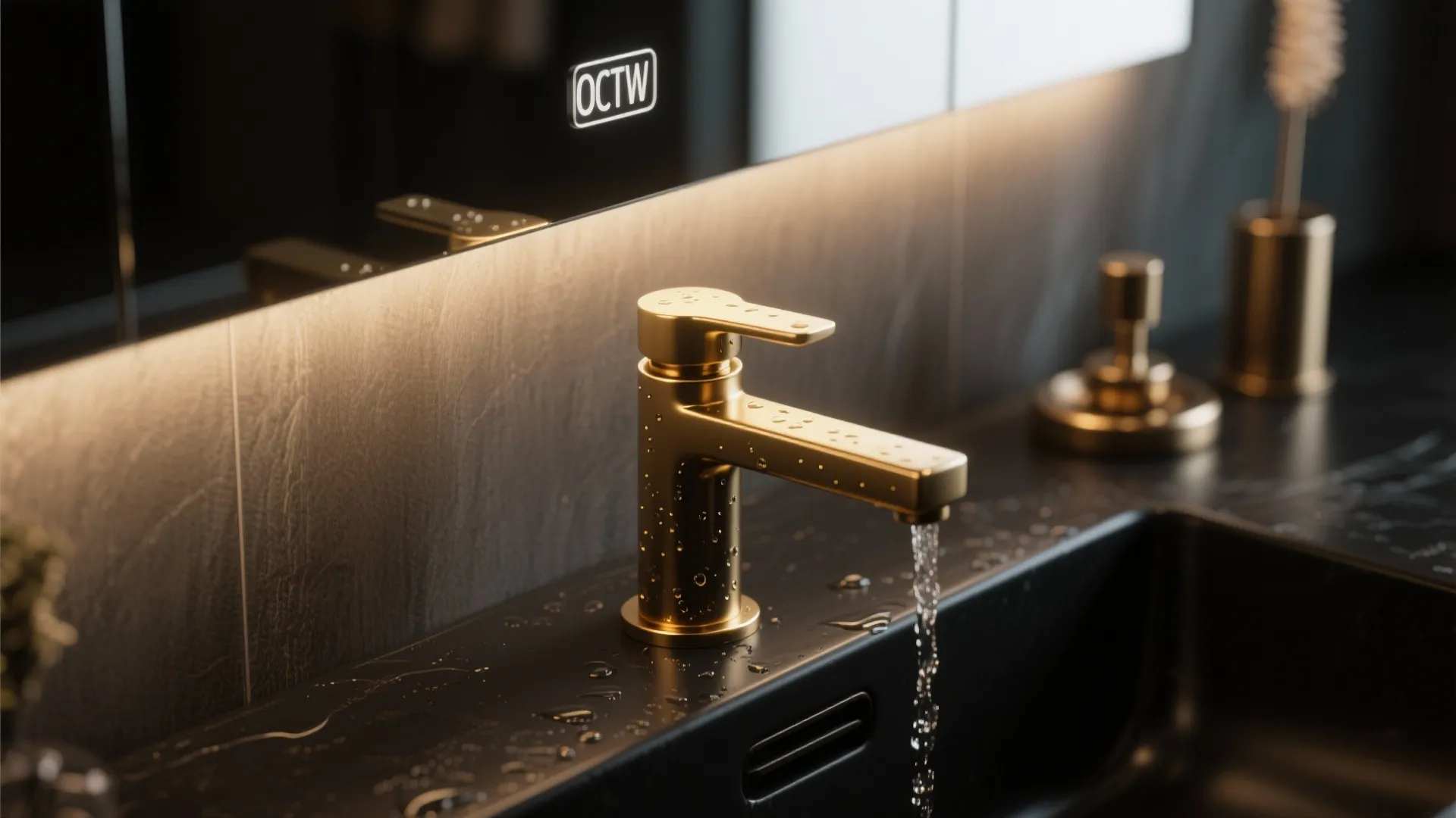 Gold faucet with running water over black sink featuring a lit mirror and dark wall