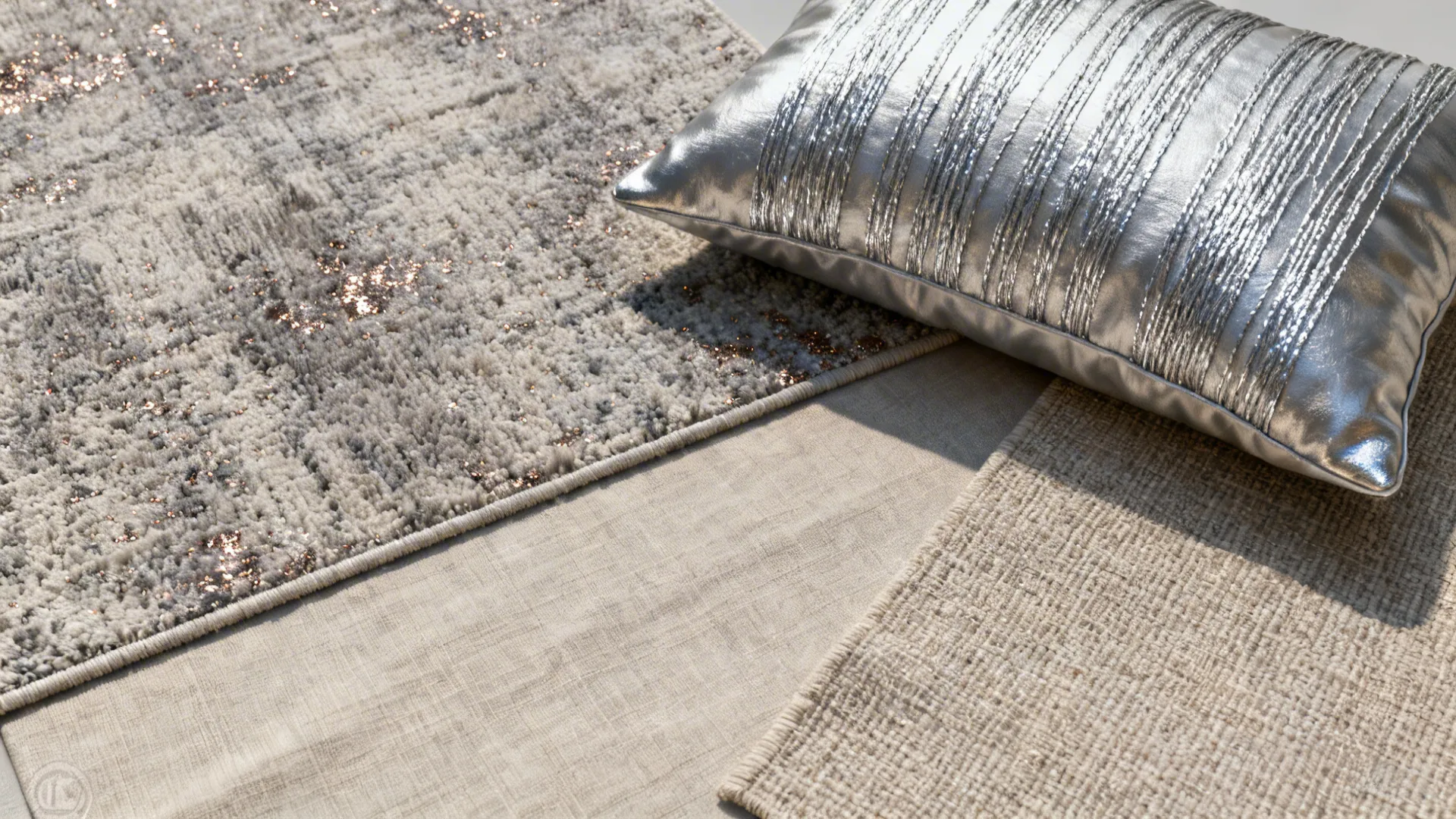 Top-down flatlay of metallic-thread cushions and rug swatches with neutral linens.