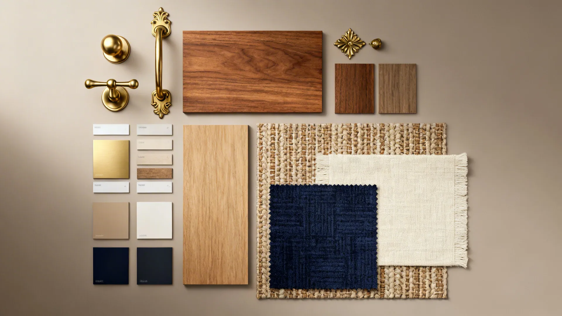 Flatlay of brass accents, wood swatches, woven rug and navy-cream fabric samples.