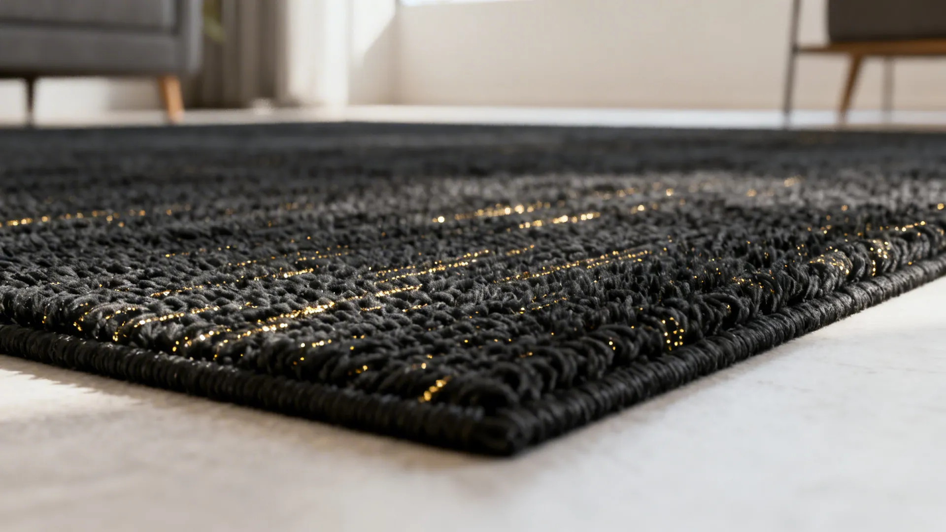 Macro detail of a black rug with fine gold metallic threads shimmering in daylight.