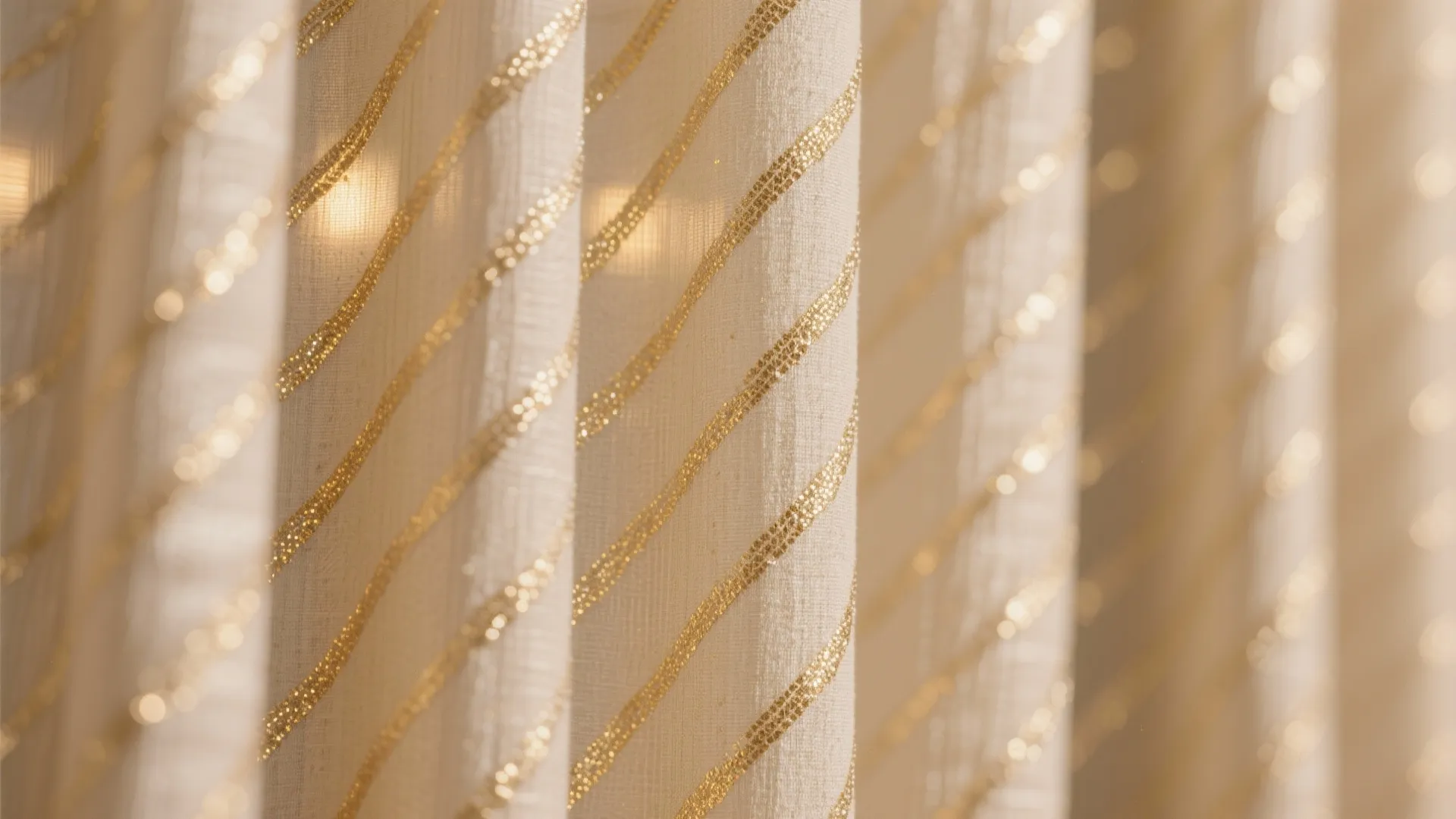 Close up of cream colored curtain fabric with shiny gold metallic stripes in a pleated style