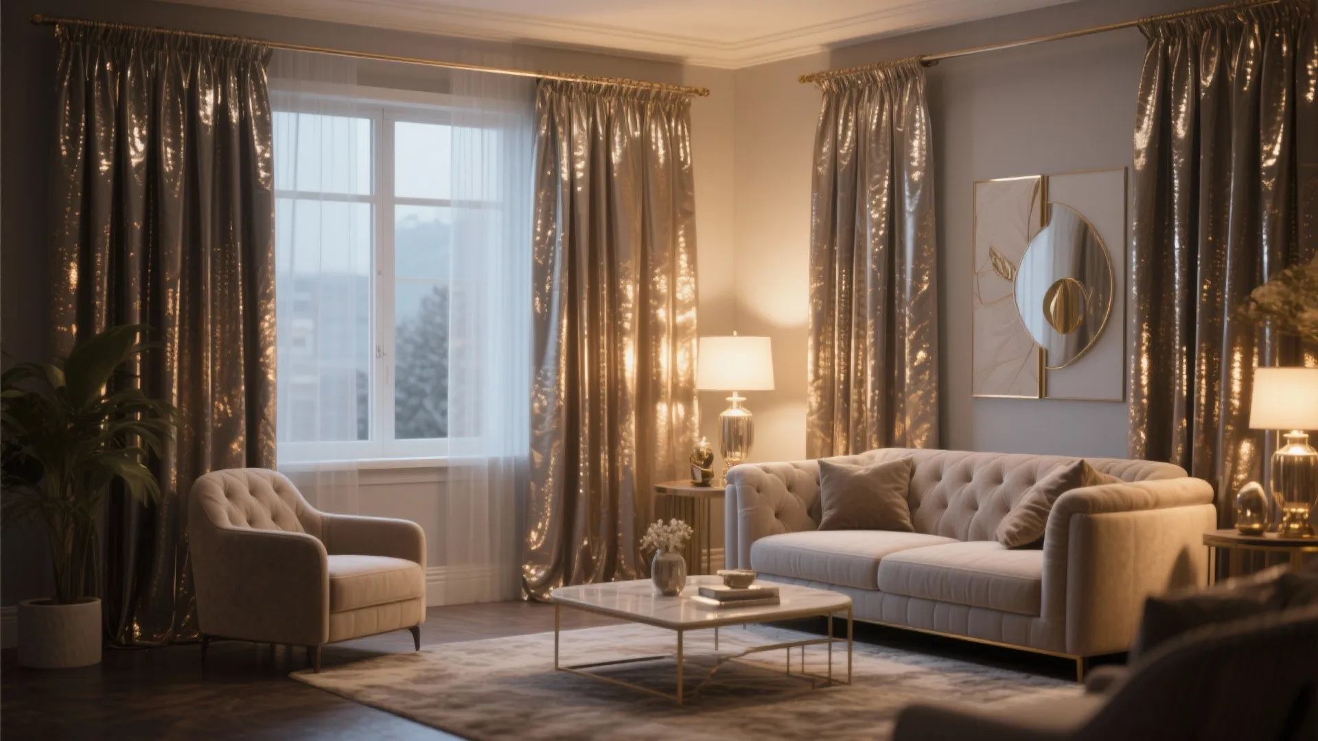 Elegant living room with shiny gold curtains a beige sofa marble table and warm lighting
