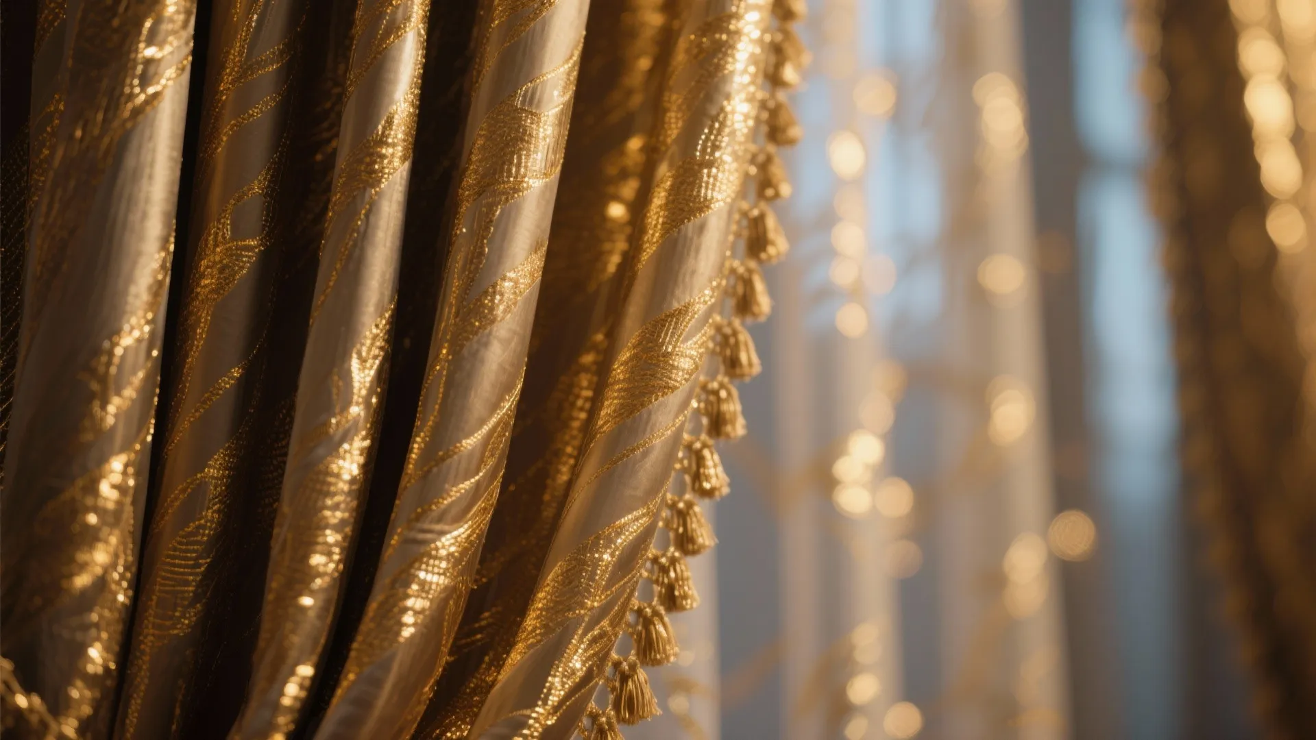 Close up of gold metallic curtains with decorative thread patterns and small tassels hanging down