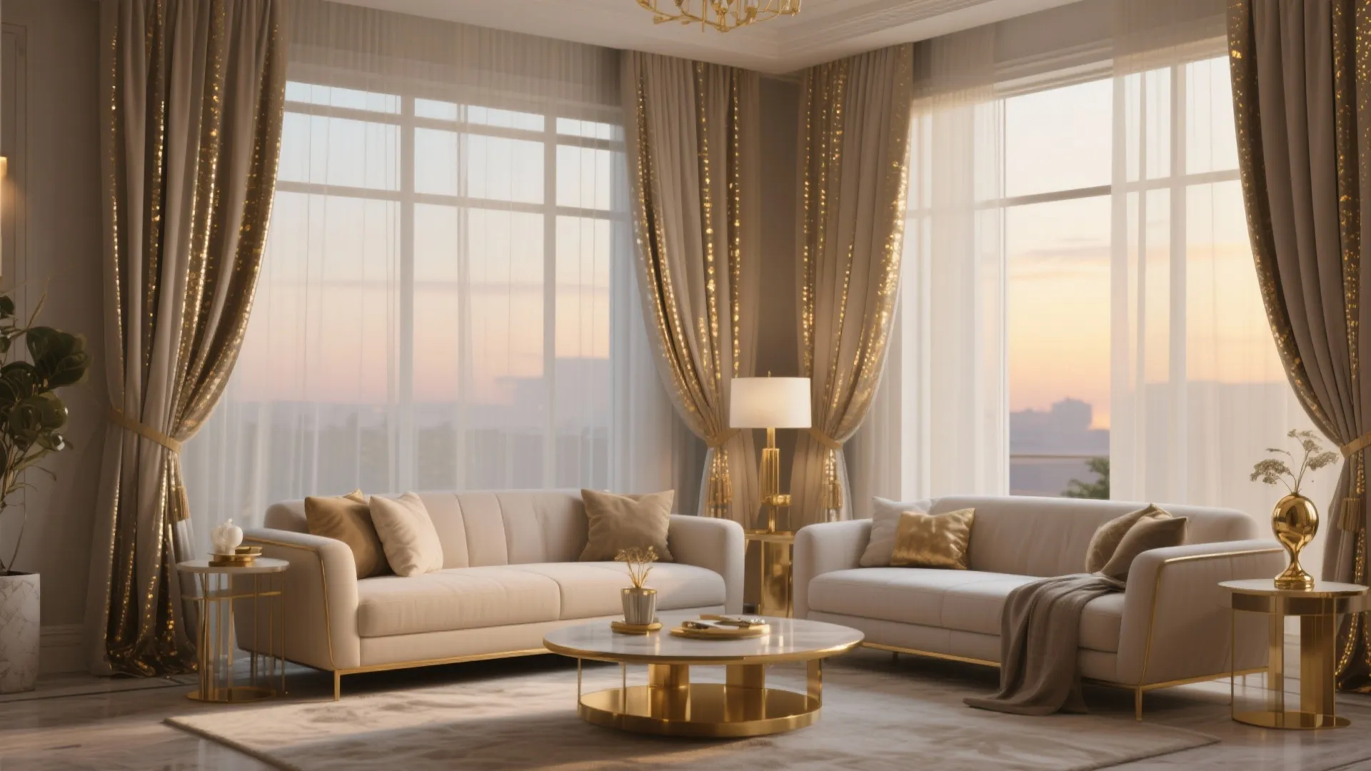 Elegant living room featuring white sofas gold coffee table shimmering curtains and windows at sunset