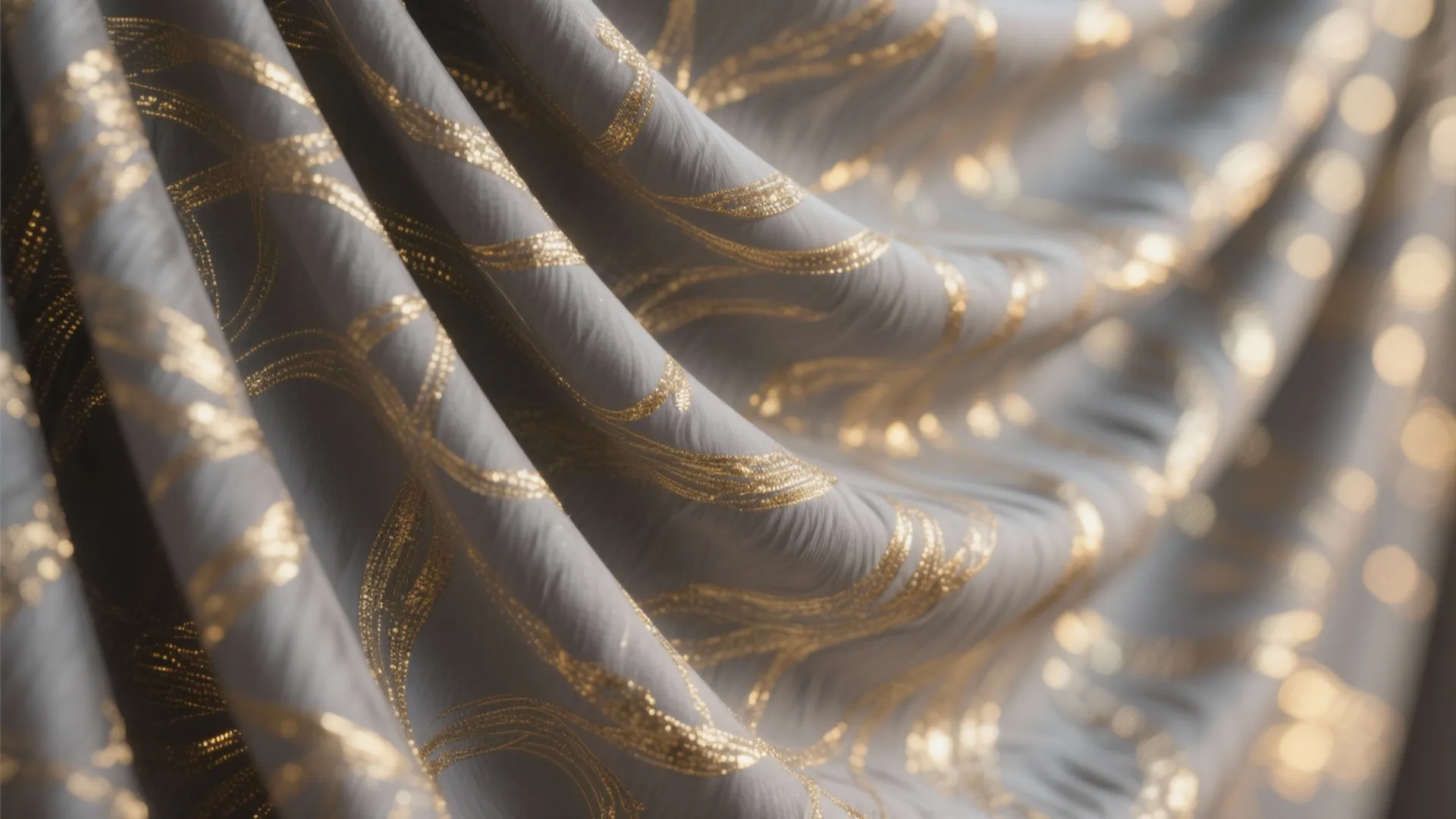 Close up of grey curtain fabric with elegant gold wavy patterns and soft lighting details